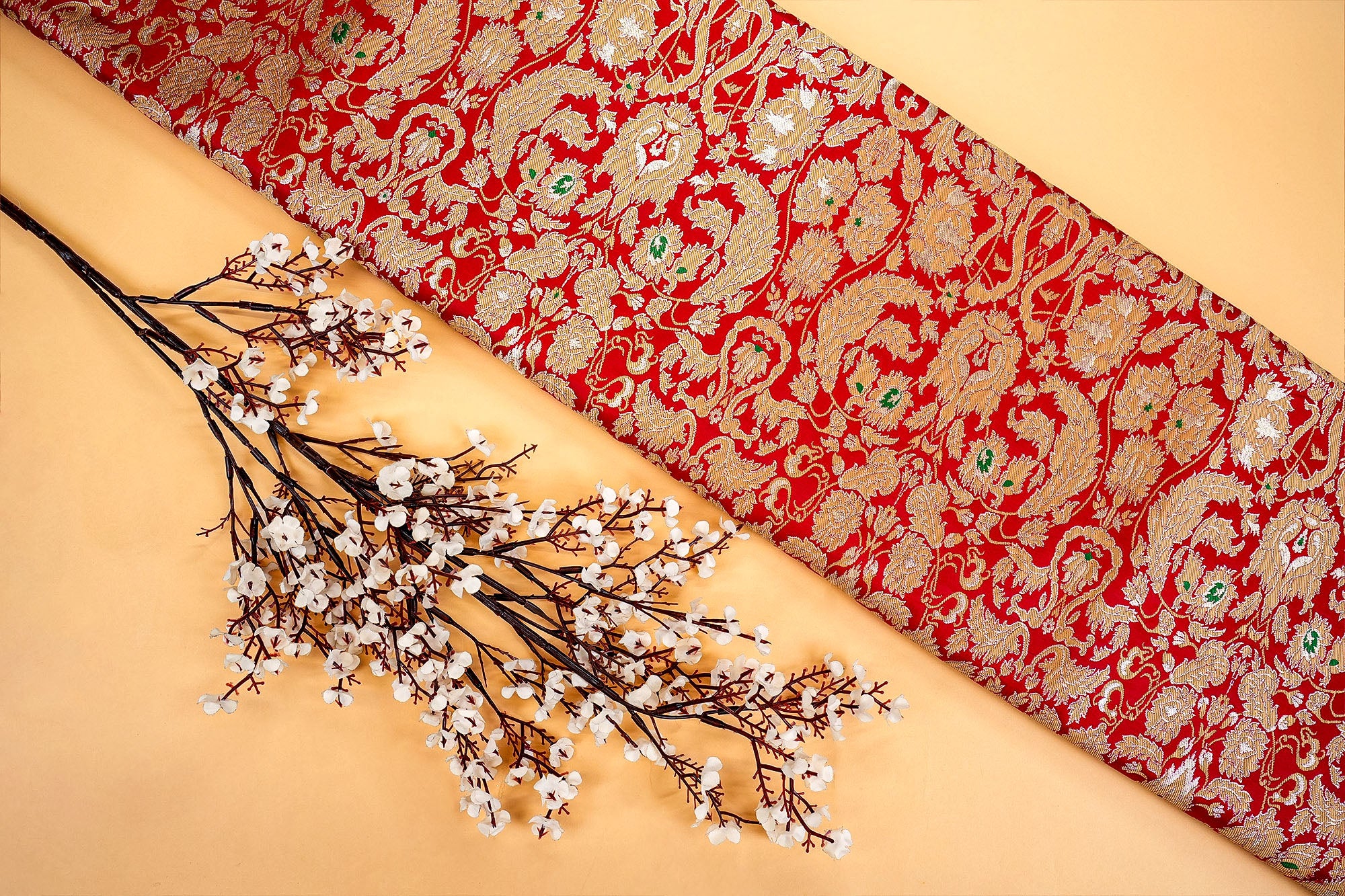 Red Banarasi Brocade with Beautiful Traditional Print