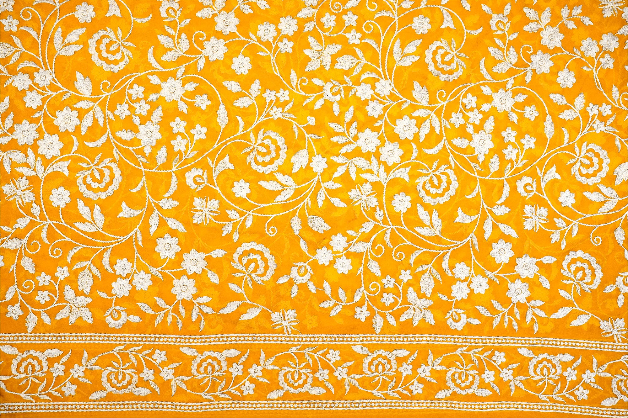 Pure Yellow Elegance Georgette Fabric with All-Over White Threadwork