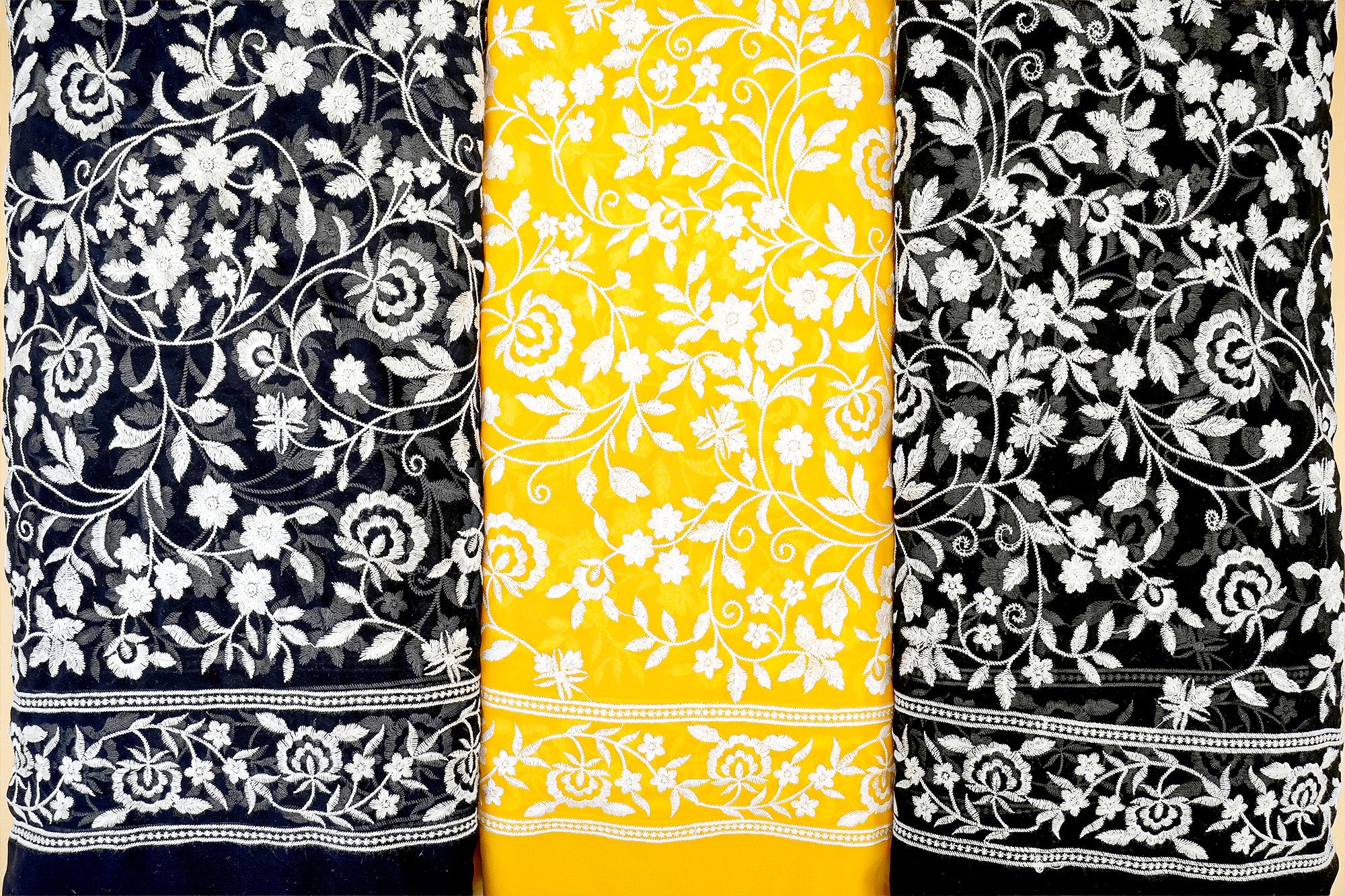 Pure Yellow Elegance Georgette Fabric with All-Over White Threadwork