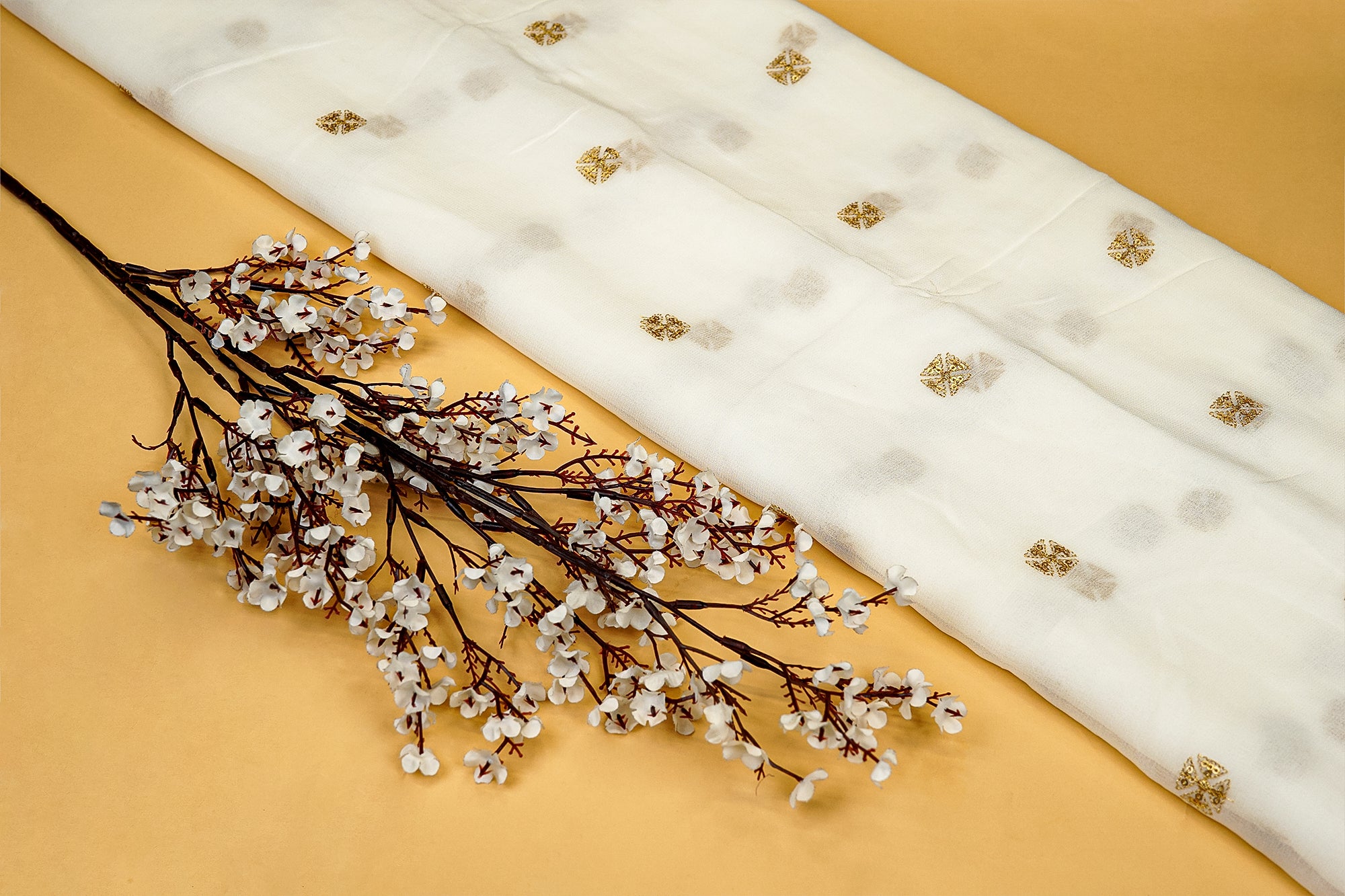 White Abstract Georgette With Allover Zari Butti Work-Paras Gallery Fabrics