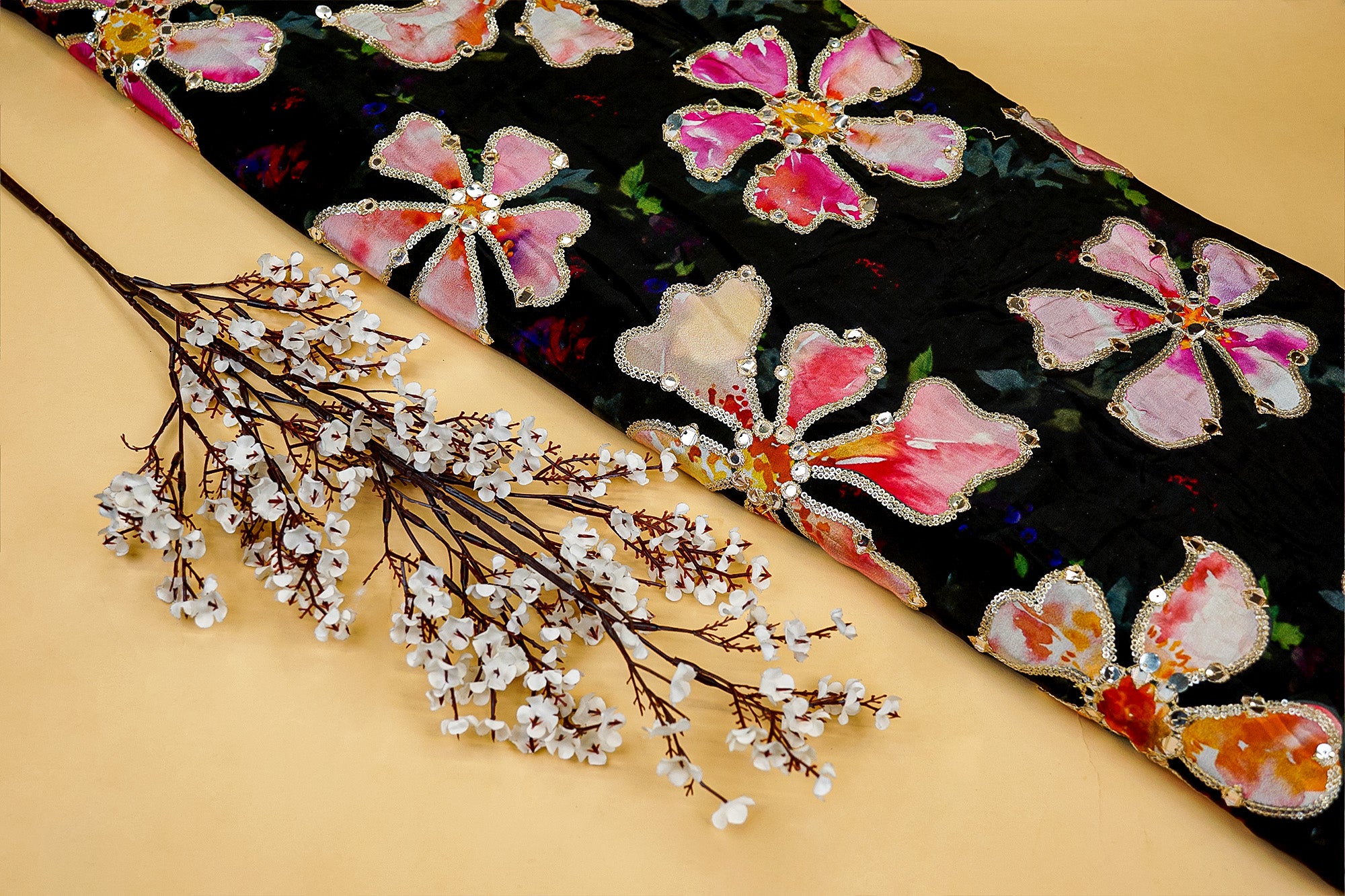 Black Floral Crepe with Zari, Faux Mirror, and Sequins Elegance - Paras Gallery Fabrics
