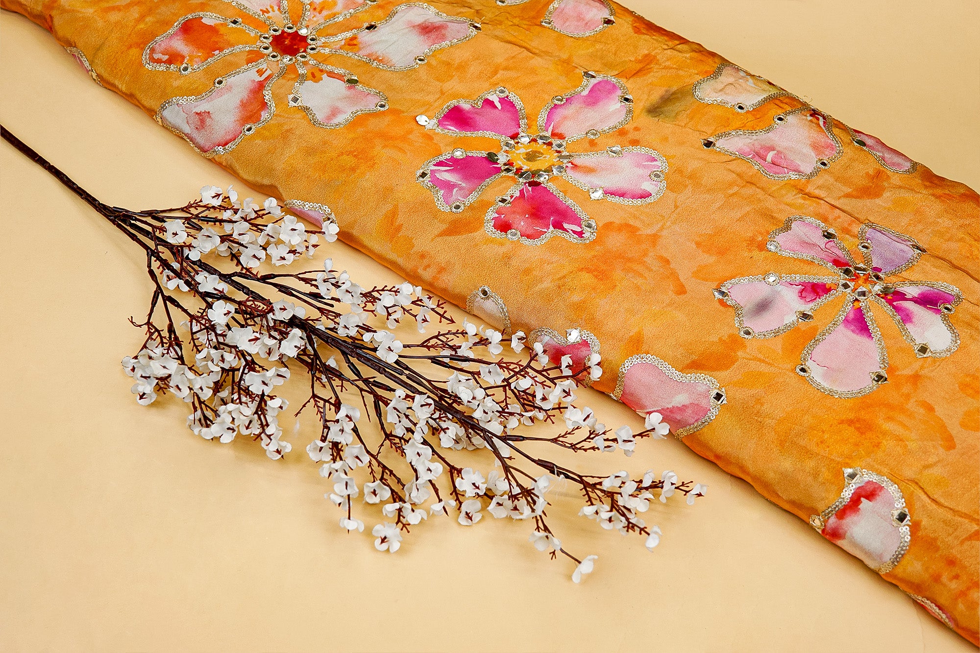 Mustard Floral Crepe with Zari, Faux Mirror, and Sequins Elegance - Paras Gallery Fabrics