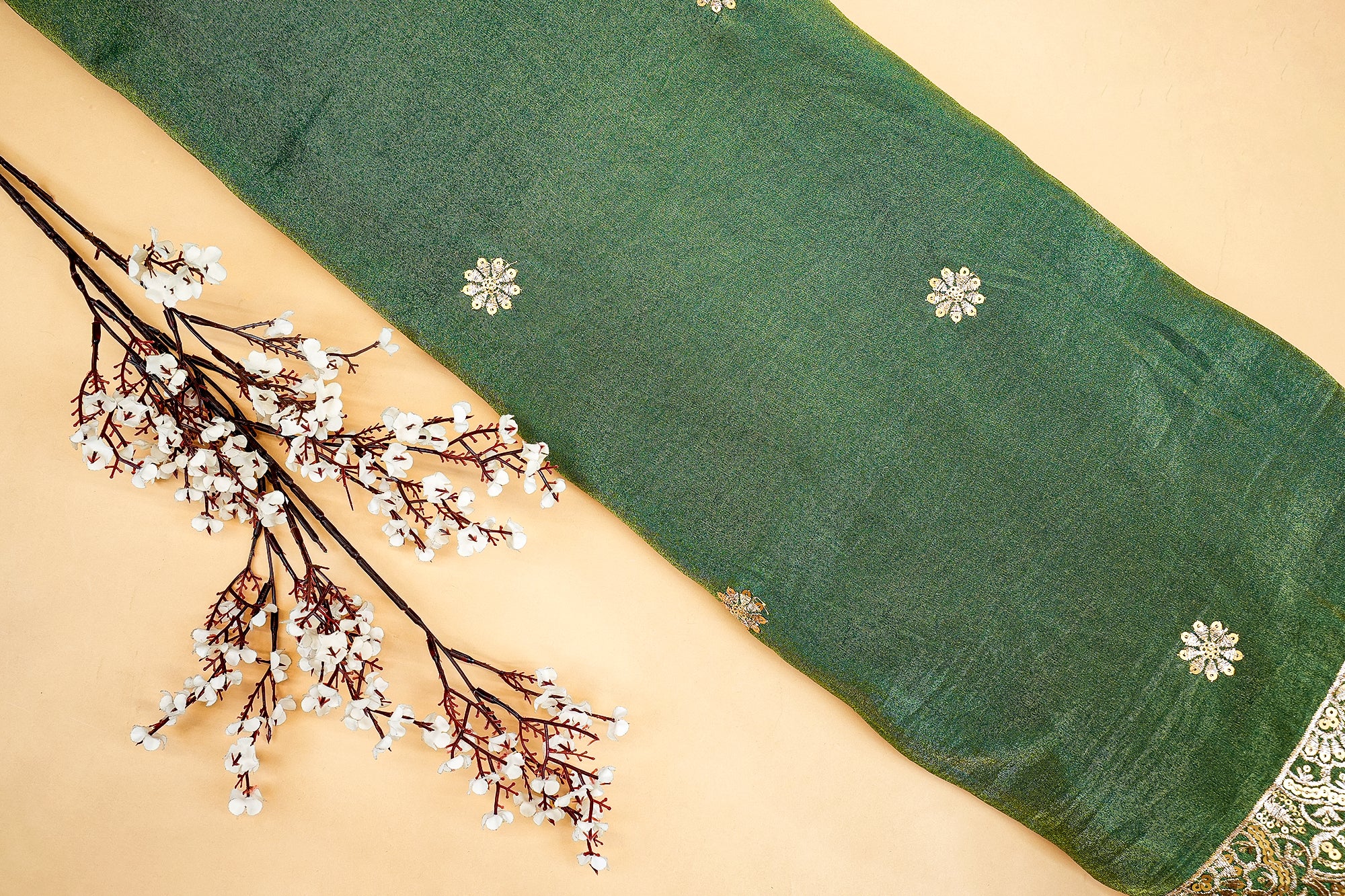 Green Glow Tissue Dupatta Fabric with Zari, Sequins, and Multicolor Threadwork Embellishments