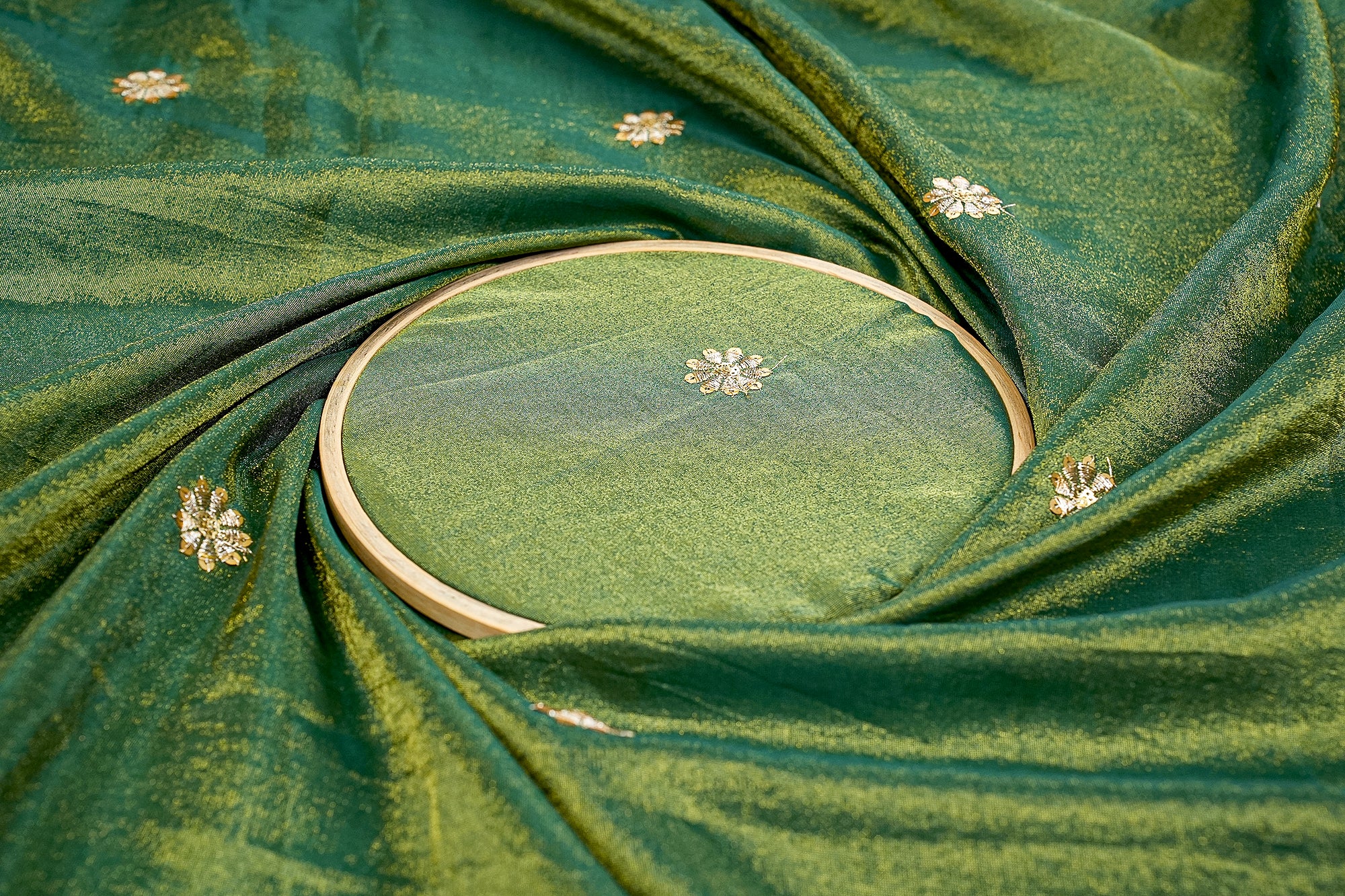 Green Glow Tissue Dupatta Fabric with Zari, Sequins, and Multicolor Threadwork Embellishments