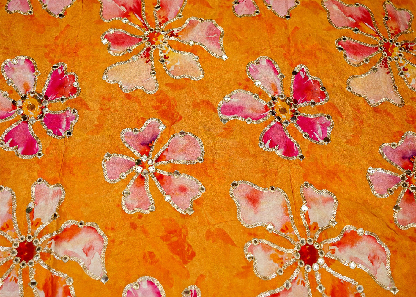 Elegant mustard floral crepe featuring zari, faux mirror, and sequin details - Paras Gallery Fabrics