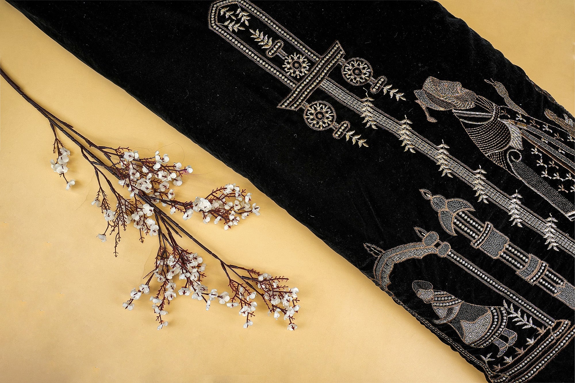 Black Plain Velvet with Traditional Motif Golden and Bronze Zari Threadwork