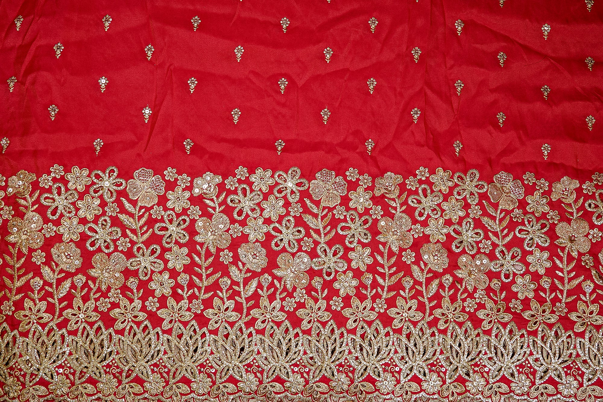 Rani Pink Tissue with Zari and Sequins Butti Allover with Cutwork Border