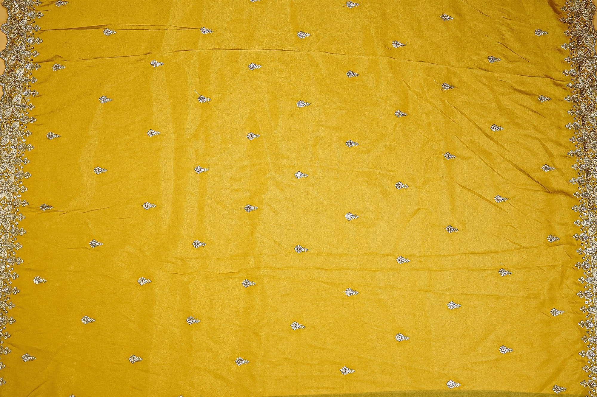 Mustard Tissue with Zari and Sequins Butti Allover with Cutwork Border