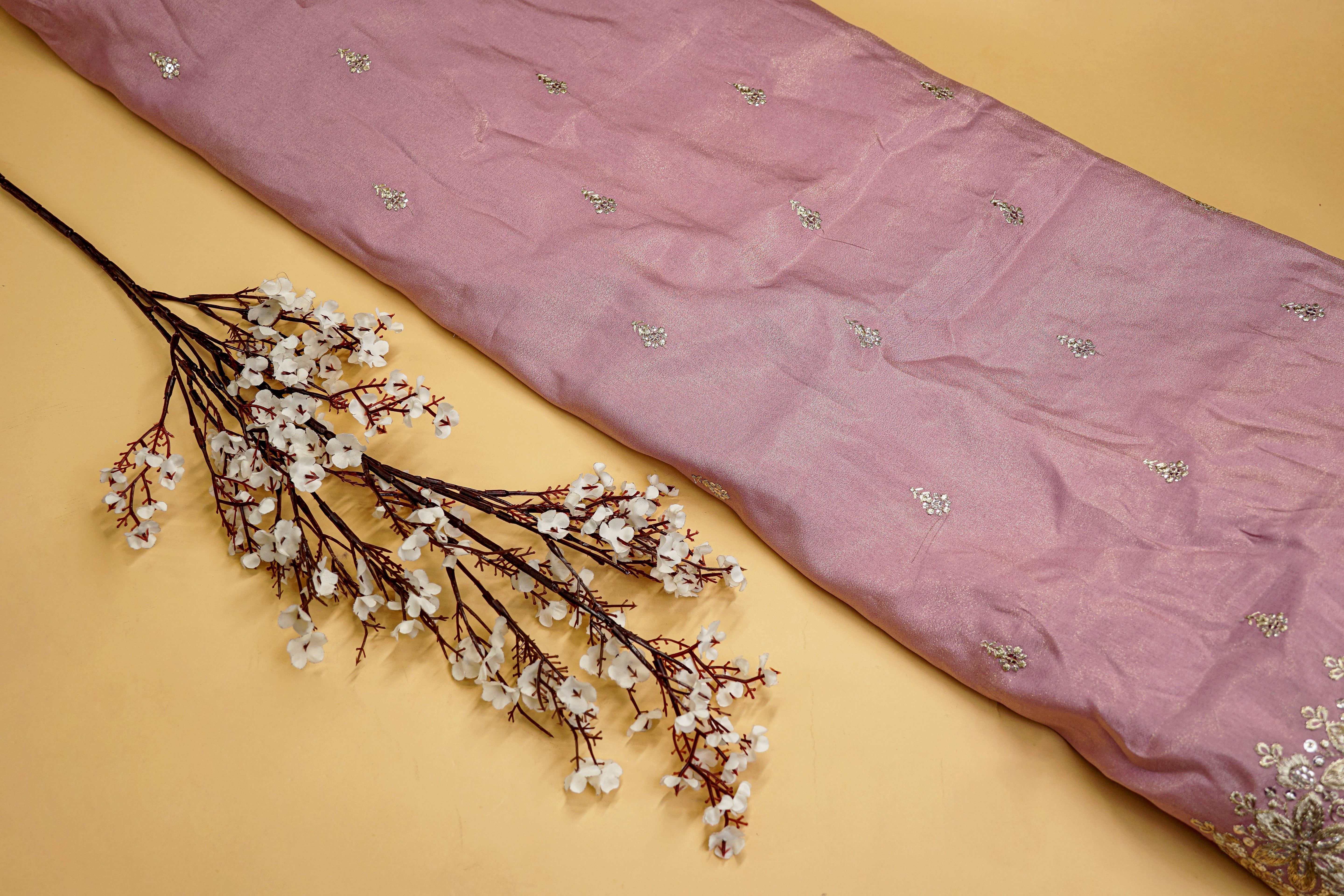 Onion Tissue with Zari and Sequins Butti Allover with Cutwork Border