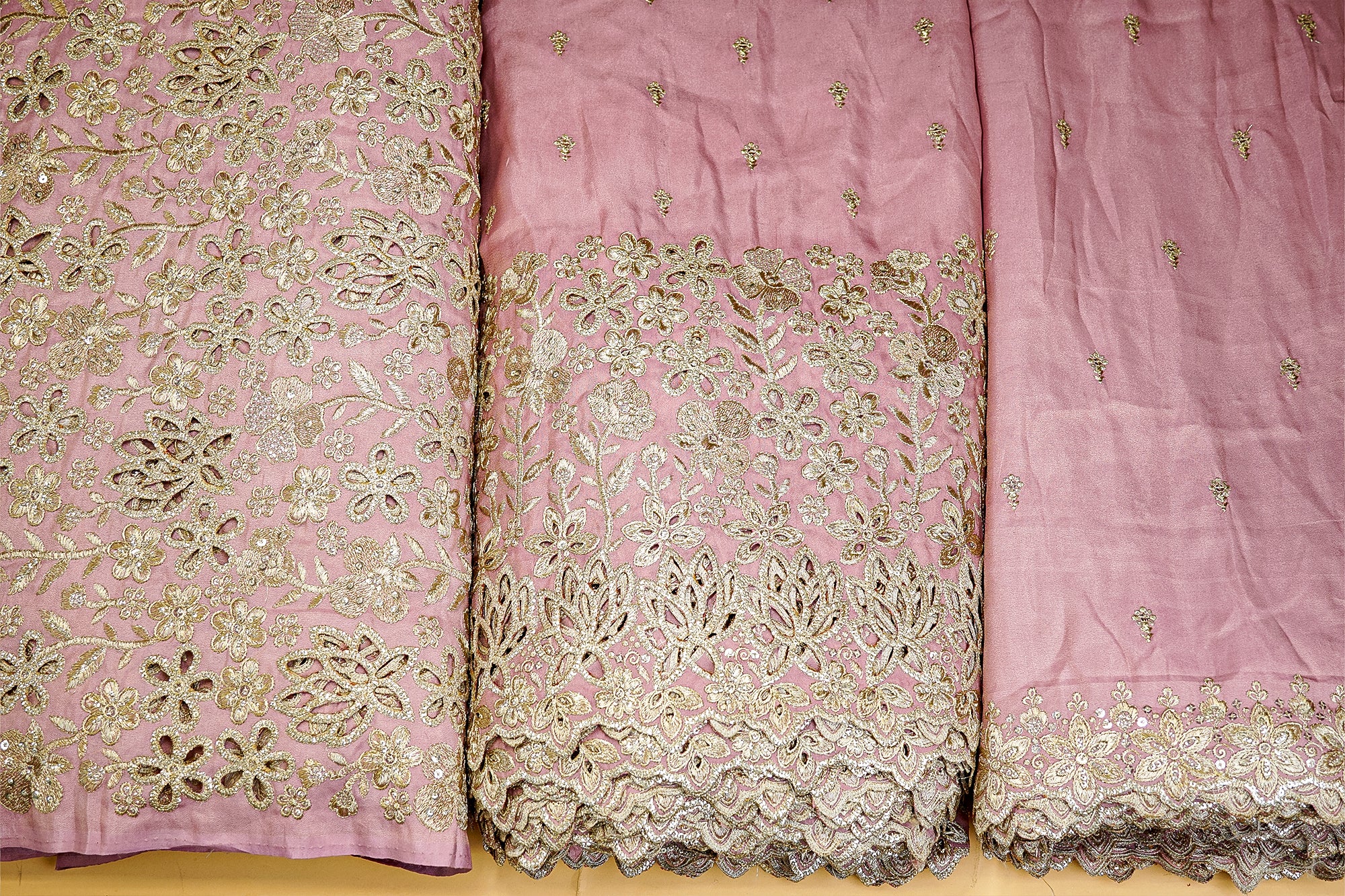 Onion Tissue with Zari and Sequins Butti Allover with Cutwork Border