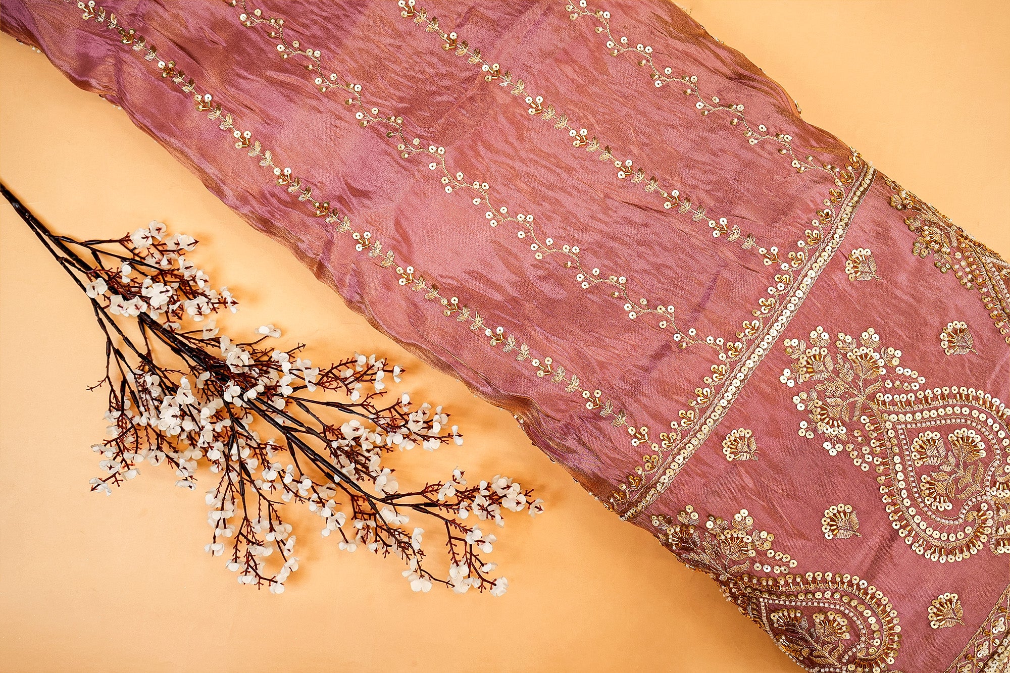 Rosegold Tissue Fabric With sequins ,Beads, Katdana And Zari work