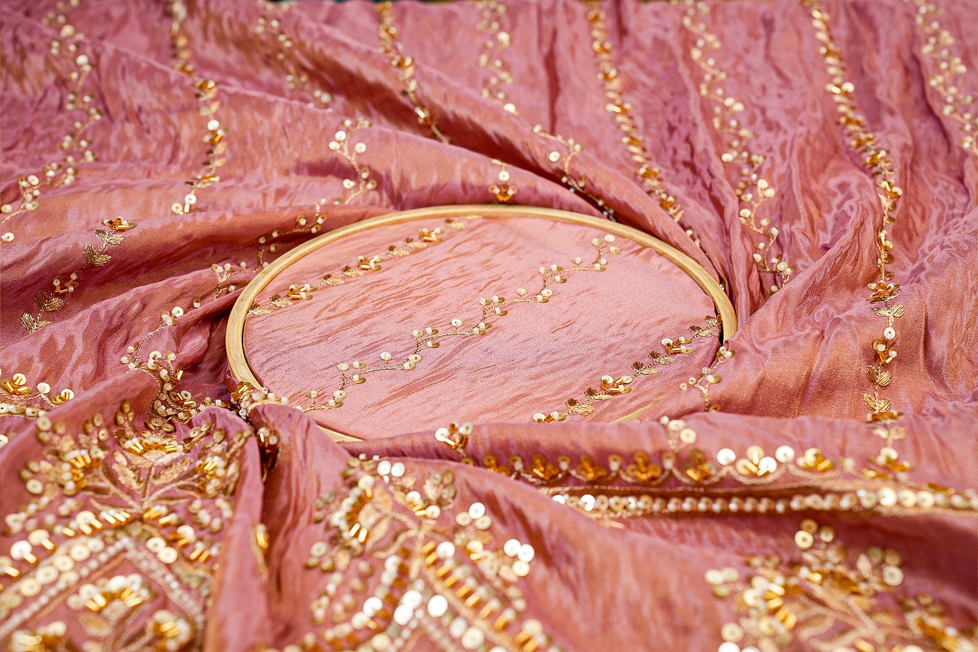 Rosegold Tissue Fabric With sequins ,Beads, Katdana And Zari work