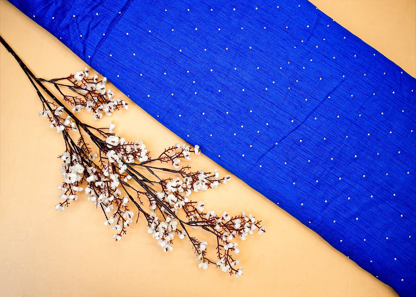 Royal Blue Nysa Silk With Beautiful Allover Swarovski Work - Paras Gallery Fabrics