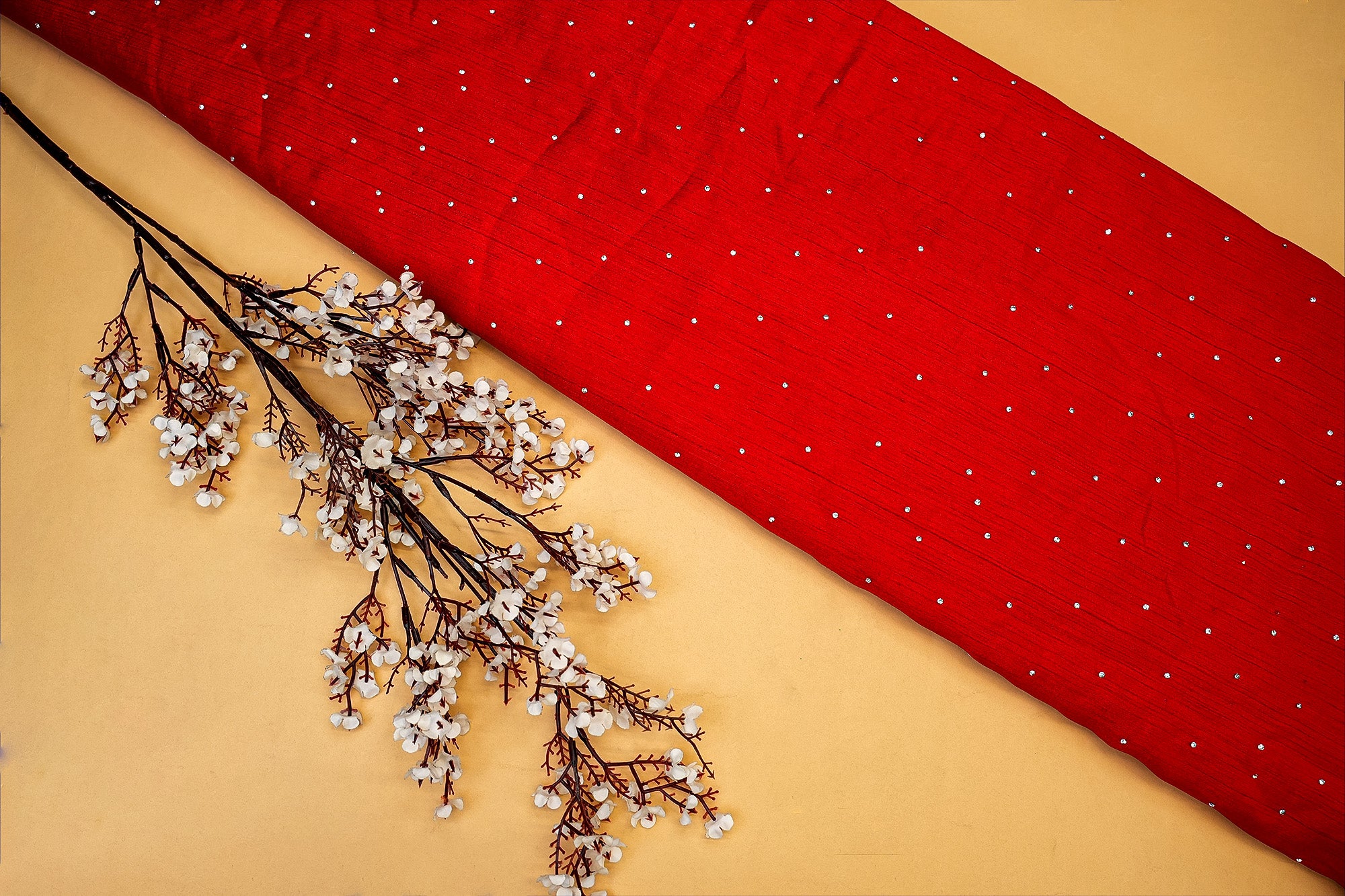 Red Nysa Silk With Beautiful Allover Swarovskii Work - Paras Gallery Fabrics