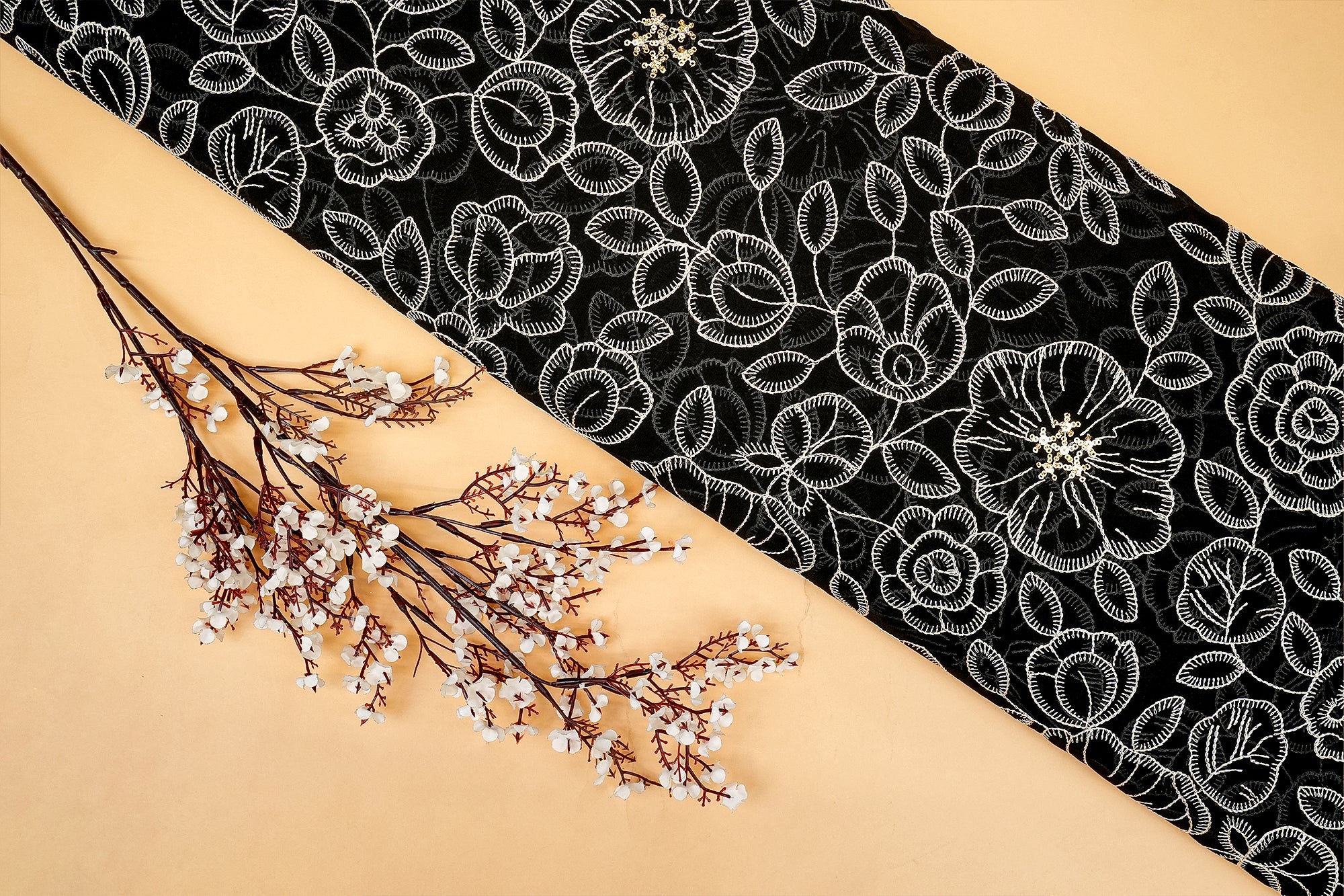 Noir Elegance Black Georgette with White Florals and Gold Sparkle-ParasGalleryFabrics