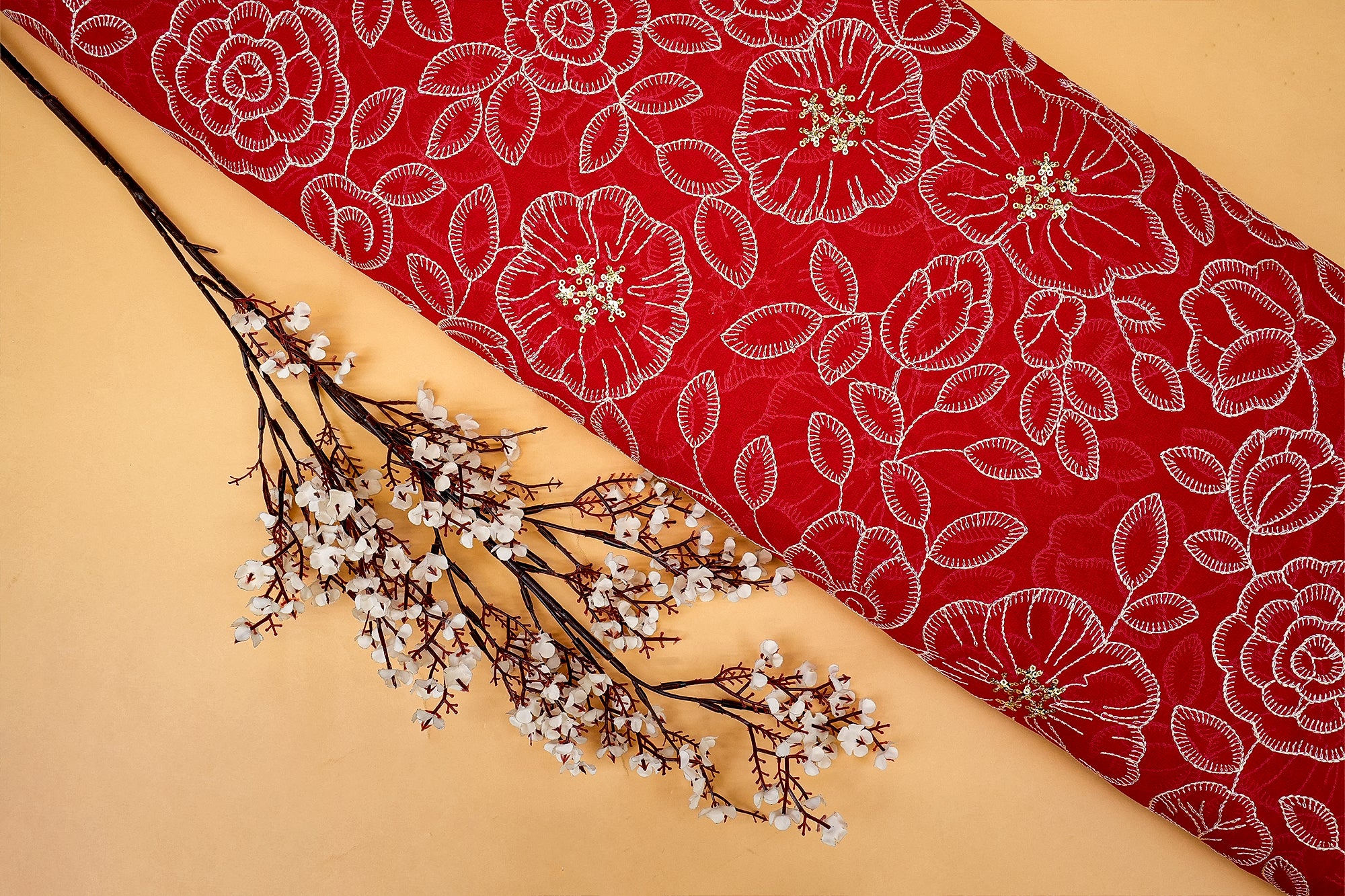 Scarlet Bloom Red Georgette White Thread and Gold Sparkle- Paras Gallery Fabrics