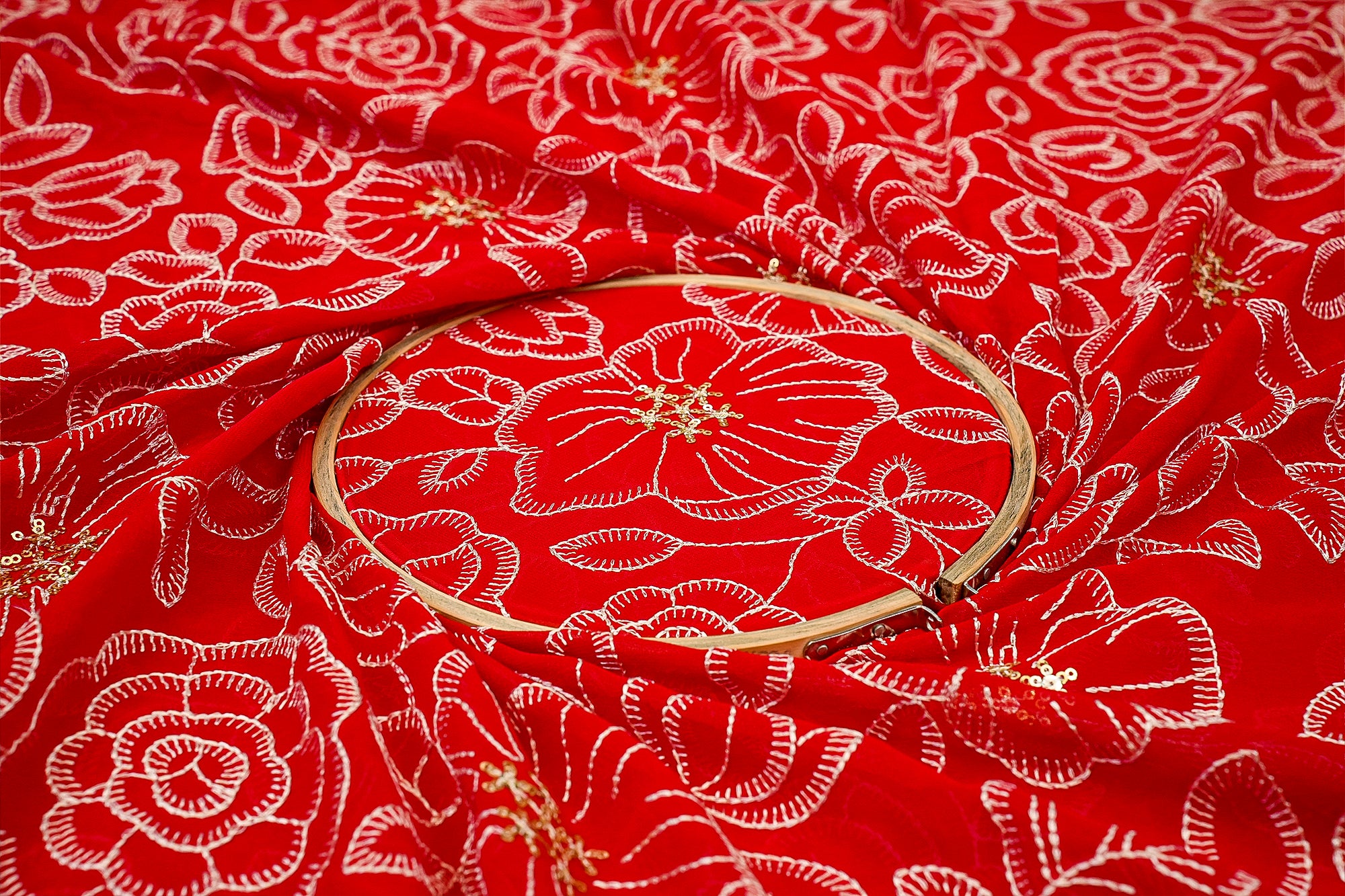 Scarlet Bloom Red Georgette White Thread and Gold Sparkle