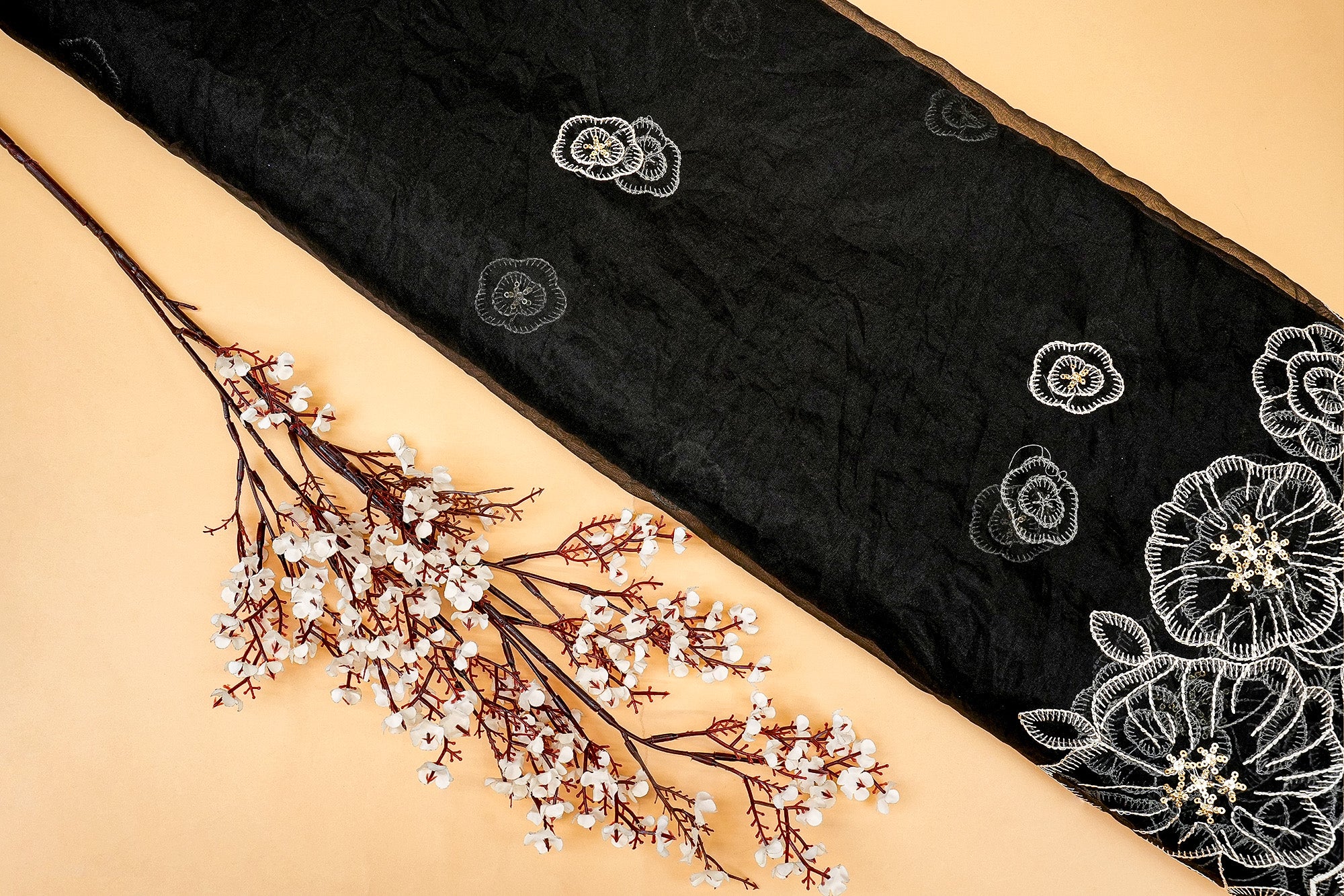 Midnight Elegance Black Organza Dupatta Fabric with White Floral and Gold Sparkle