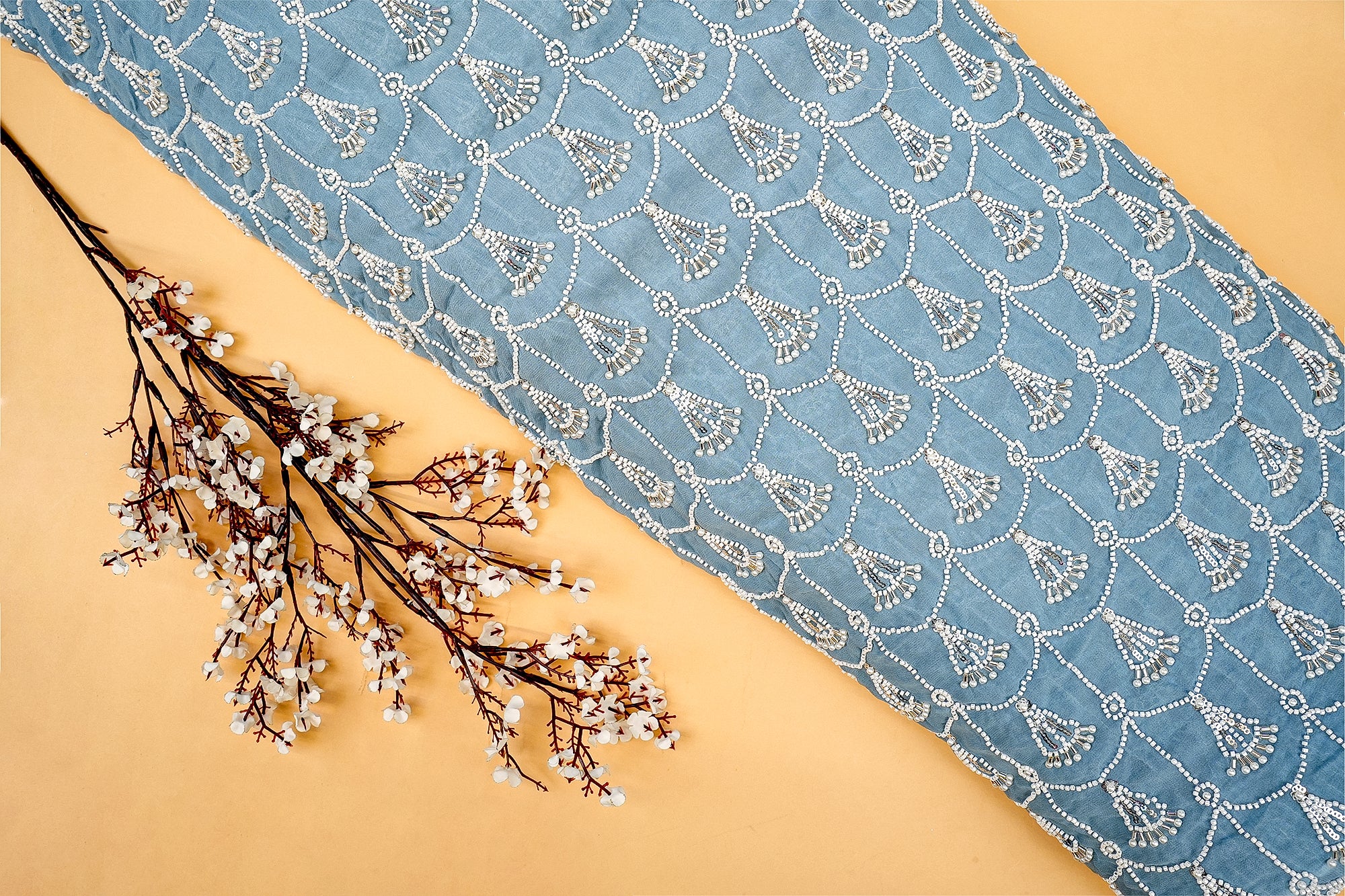 Blue Elegant Georgette Fabric with Silver Sequin and Pearl Adornments-Paras Gallery Fabrics