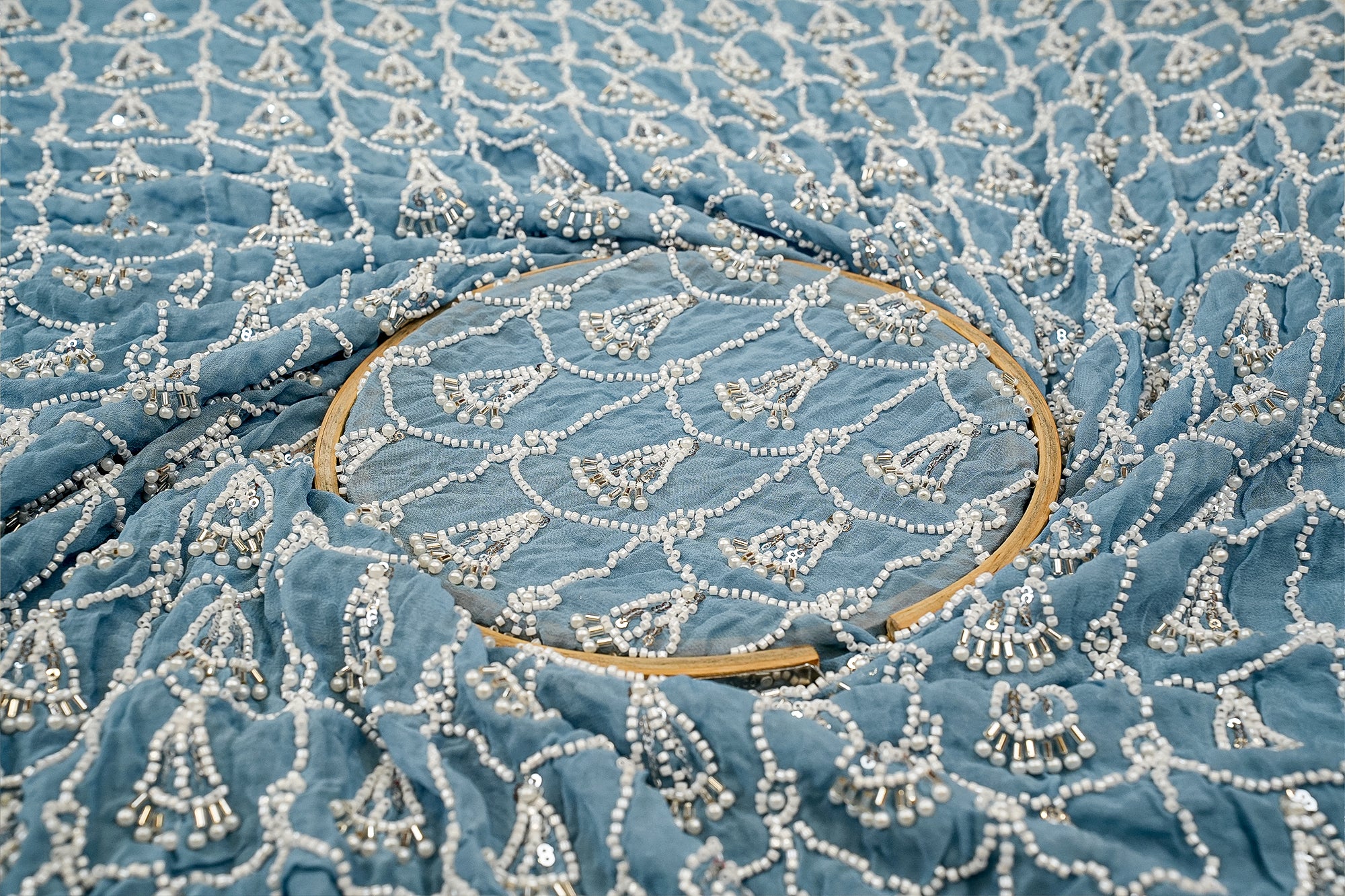 Blue Elegant Georgette Fabric with Silver Sequin and Pearl Adornments