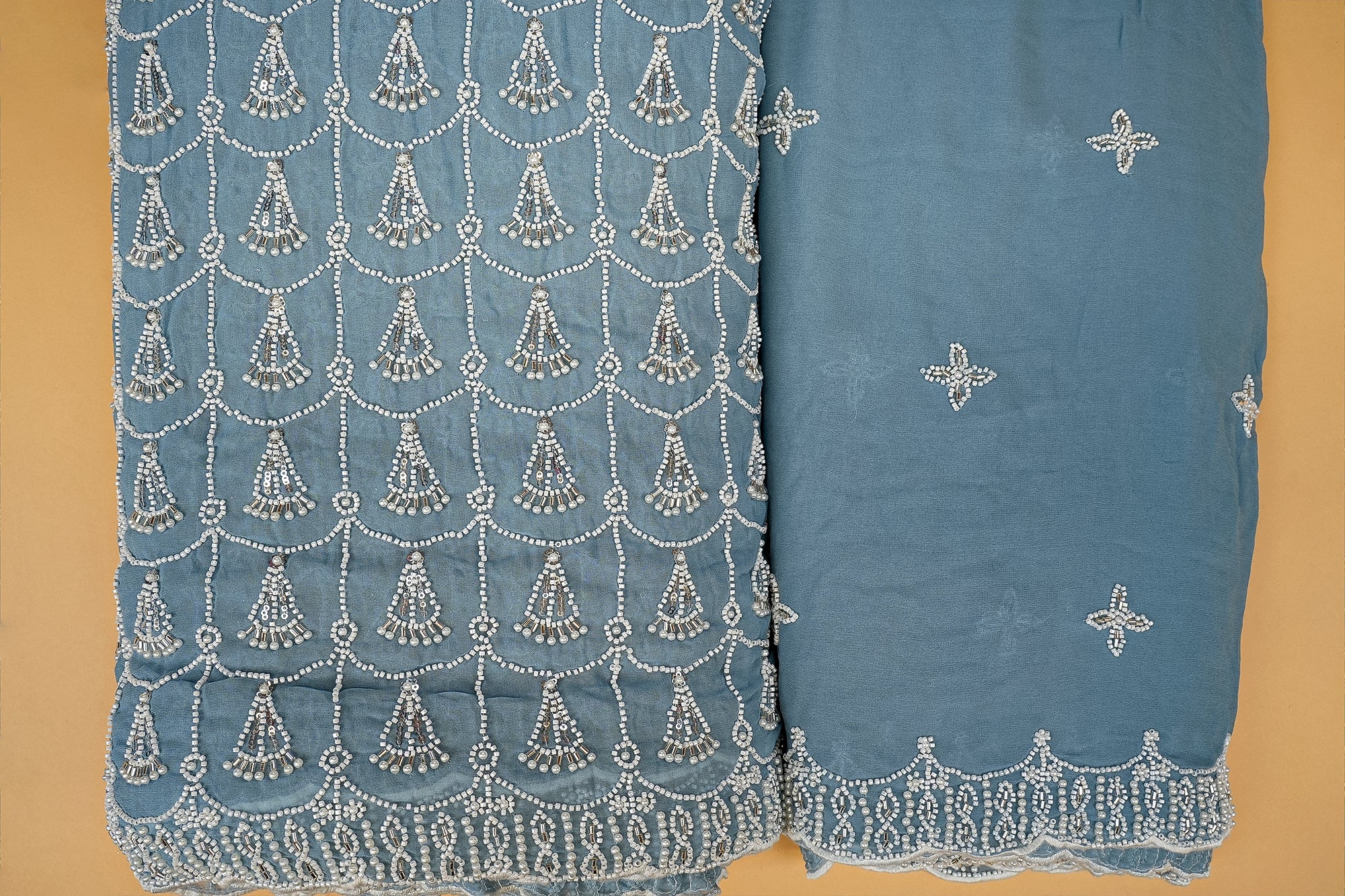 Blue Elegant Dupatta Fabric with Silver Sequin and Pearl Borders