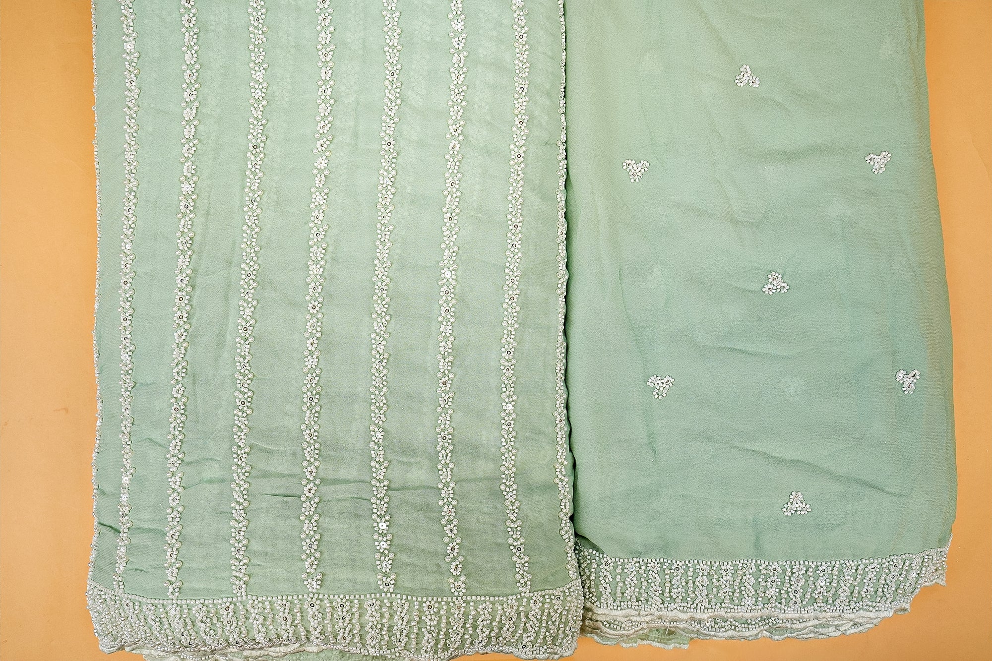 Green Elegant Dupatta Fabric with Silver Sequin and Pearl Borders