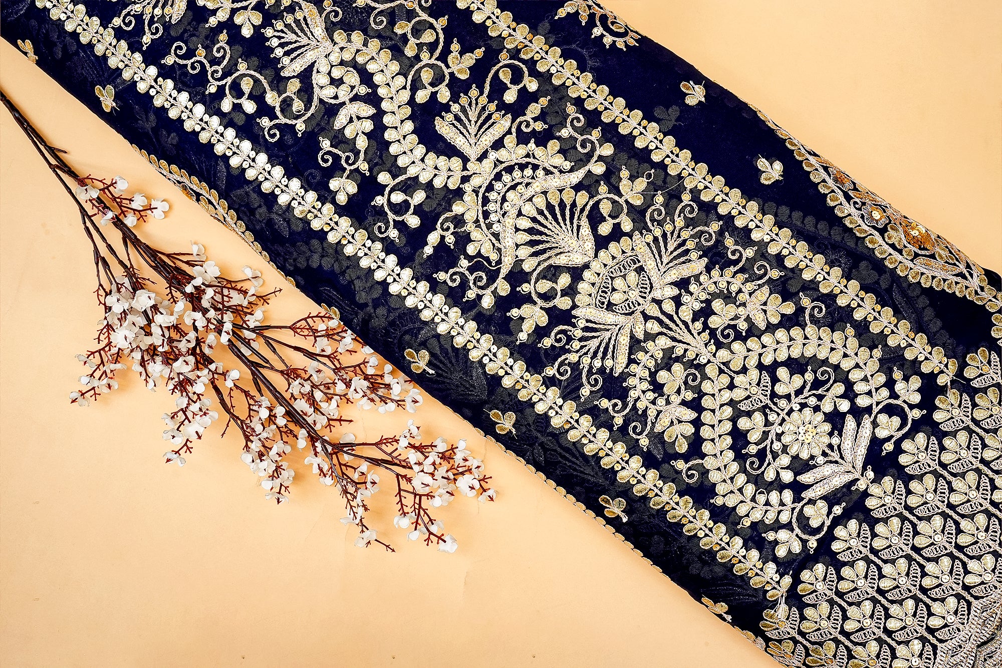 Regal Navy Bue Georgette Fabric with Golden Gotta Pati and Sequins Work-ParasGalleryFabrics