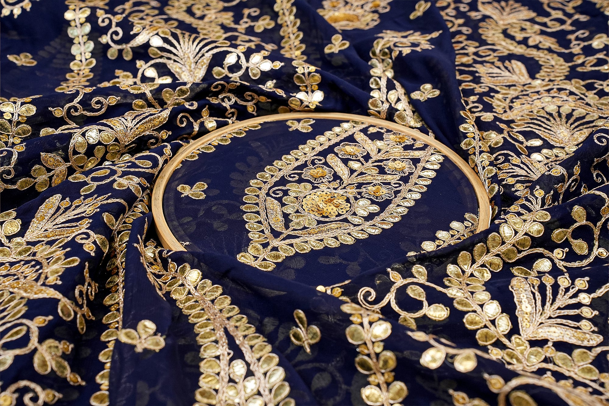 Regal Navy Bue Georgette Fabric with Golden Gotta Pati and Sequins Work