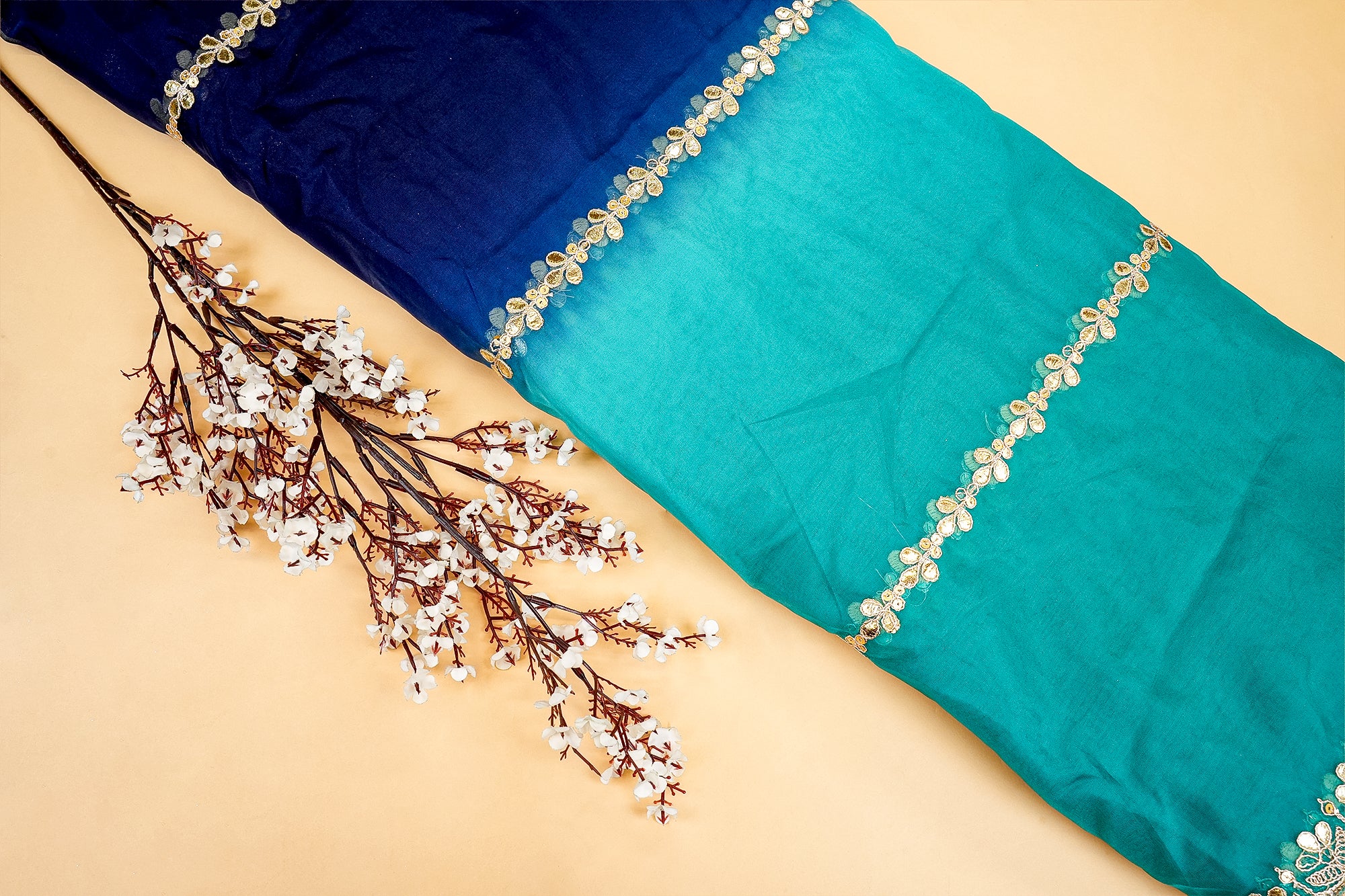 Royal Enchant Rama-Navy Ombre Dupatta with Golden Gotta Borders