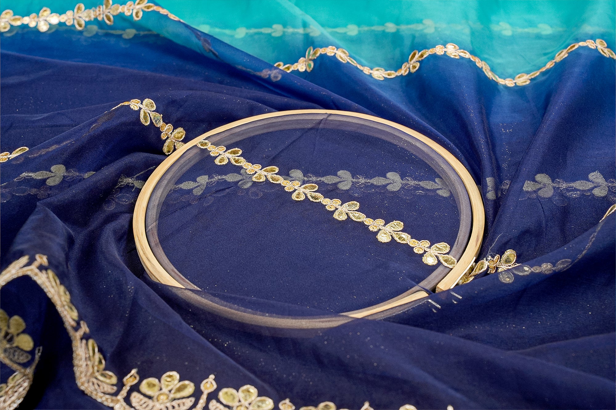 Royal Enchant Rama-Navy Ombre Dupatta with Golden Gotta Borders