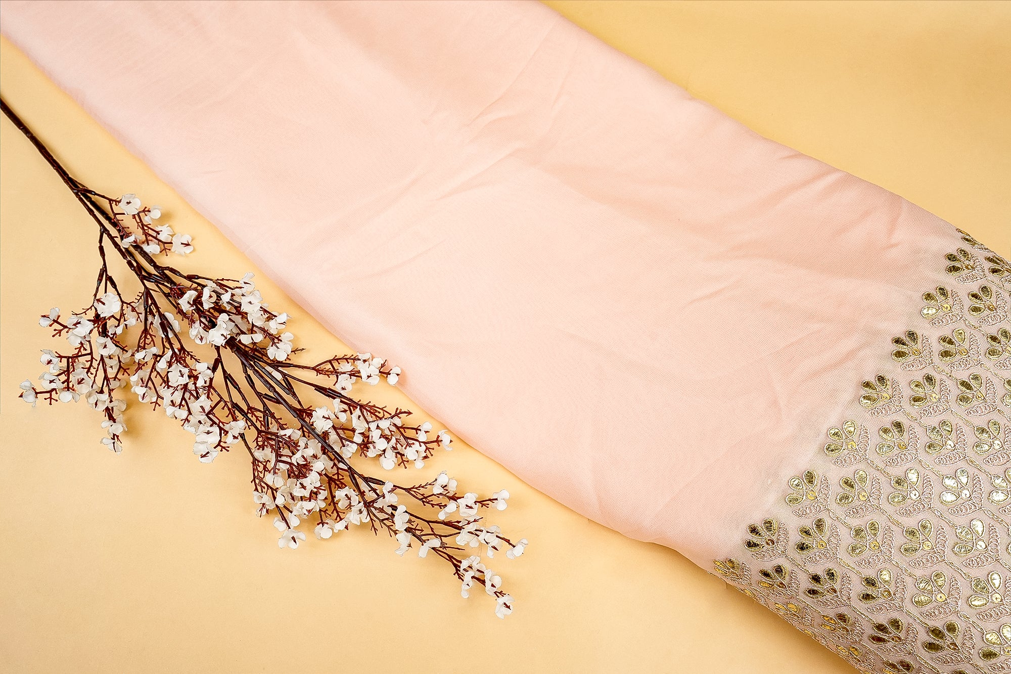 Peach Royale Georgette with Golden Gotta Pati Glam-ParasGalleryFabrics