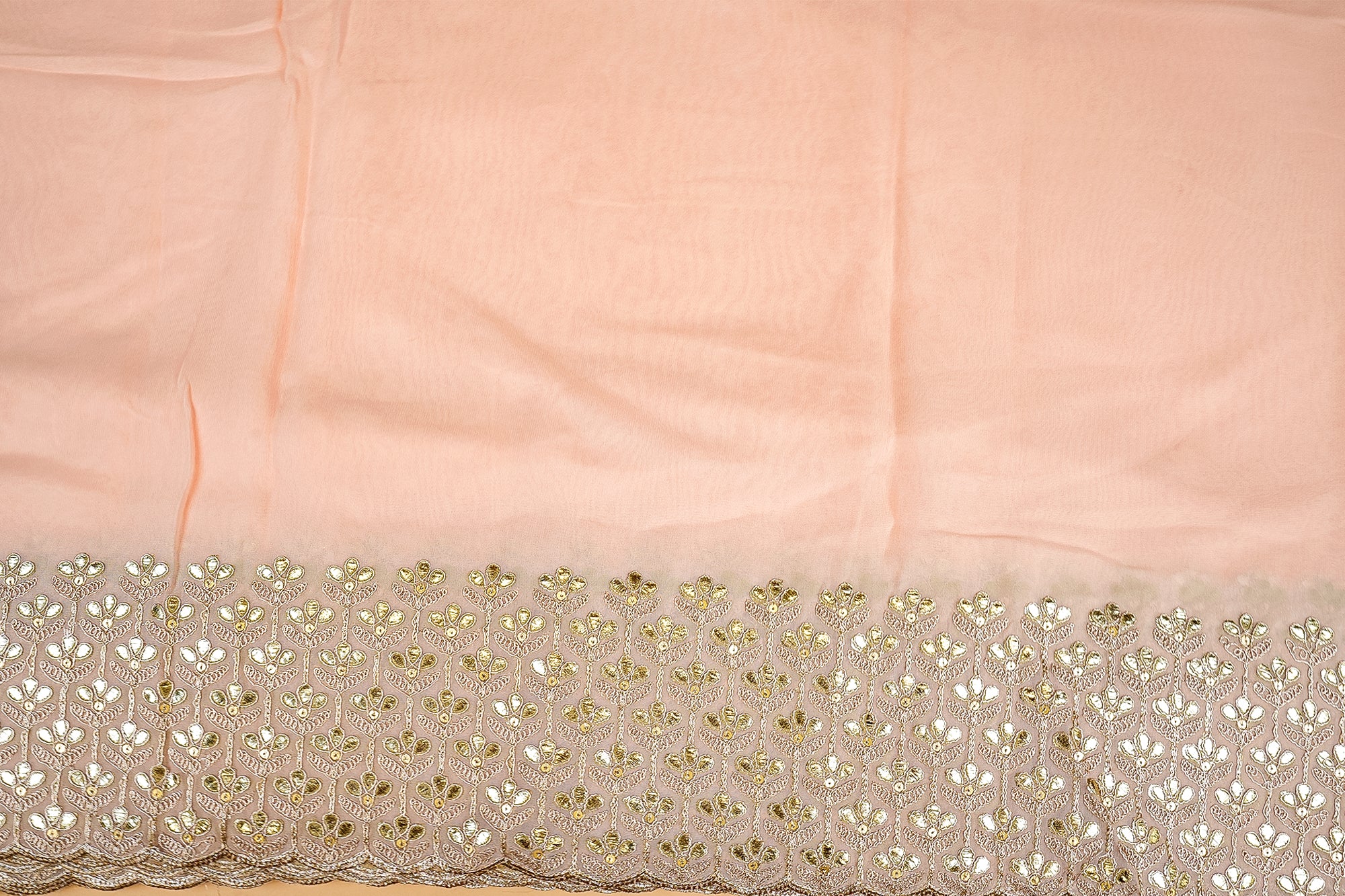 Peach Royale Georgette with Golden Gotta Pati Glam