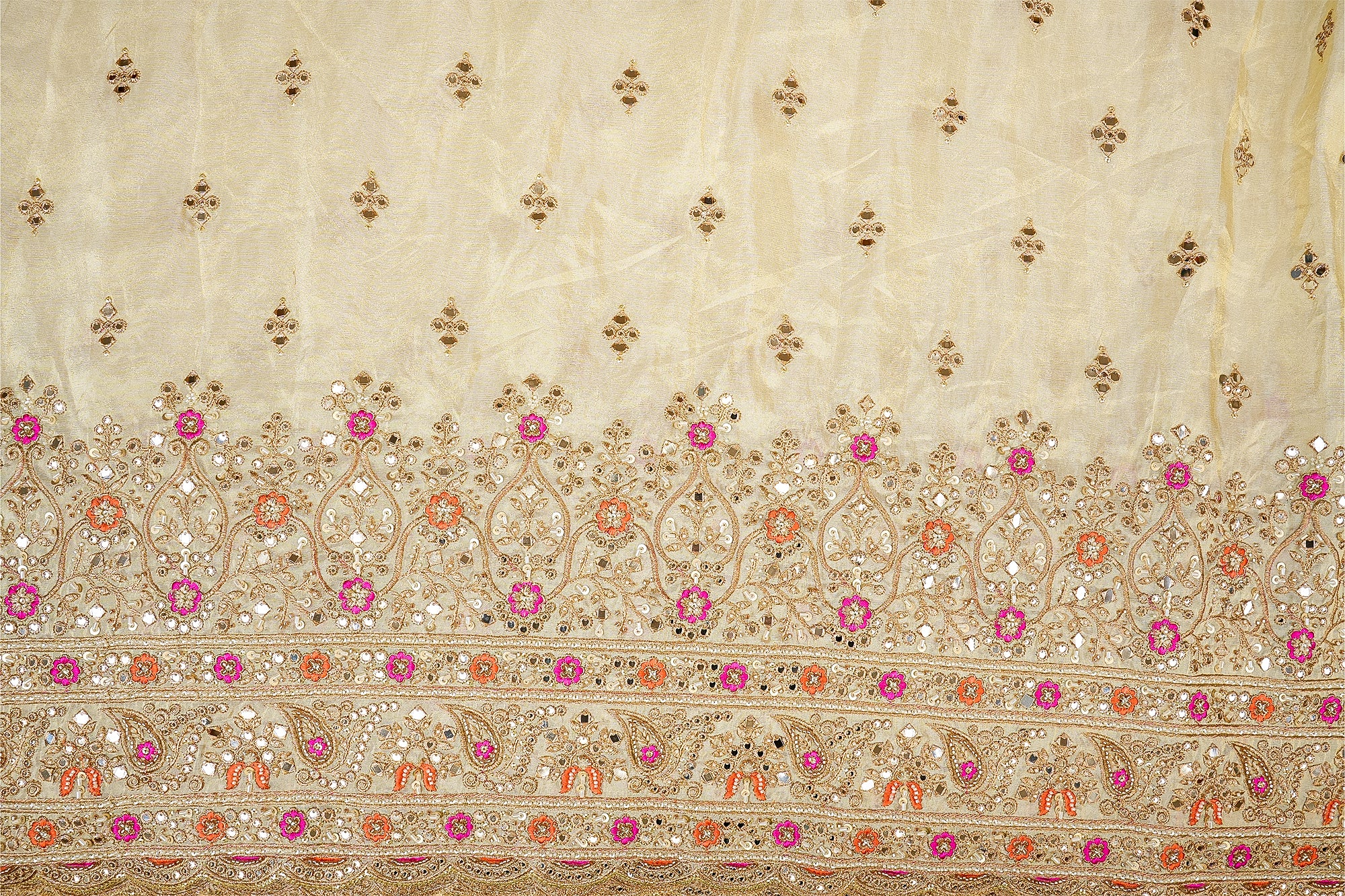 Golden Bloom Tissue Fabric with Pink-Orange Embroidery and Pearl Elegance