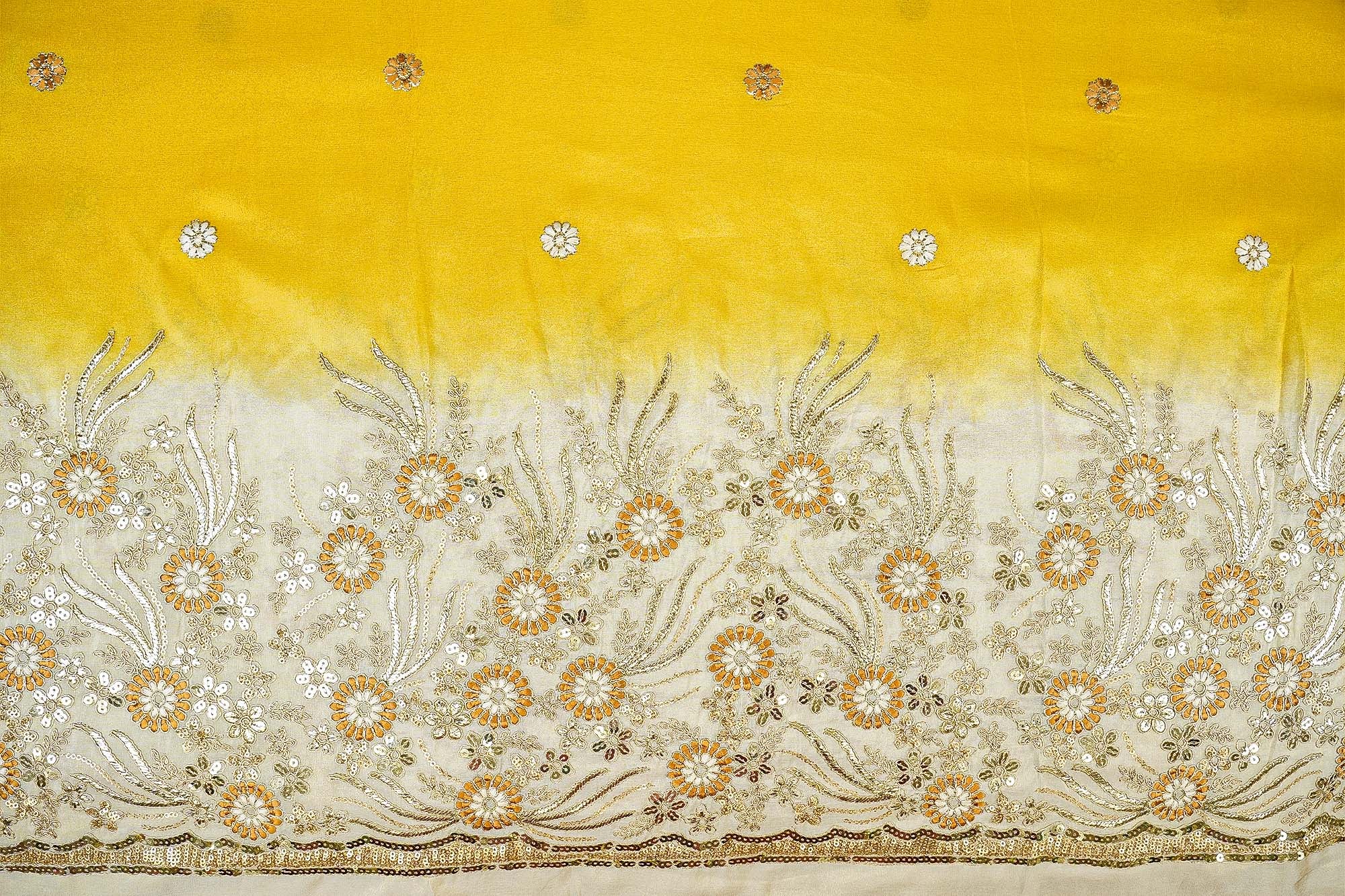 Mustard Yellow Ombre Glow Tissue with Zari, Sequins, and Threadwork Elegance