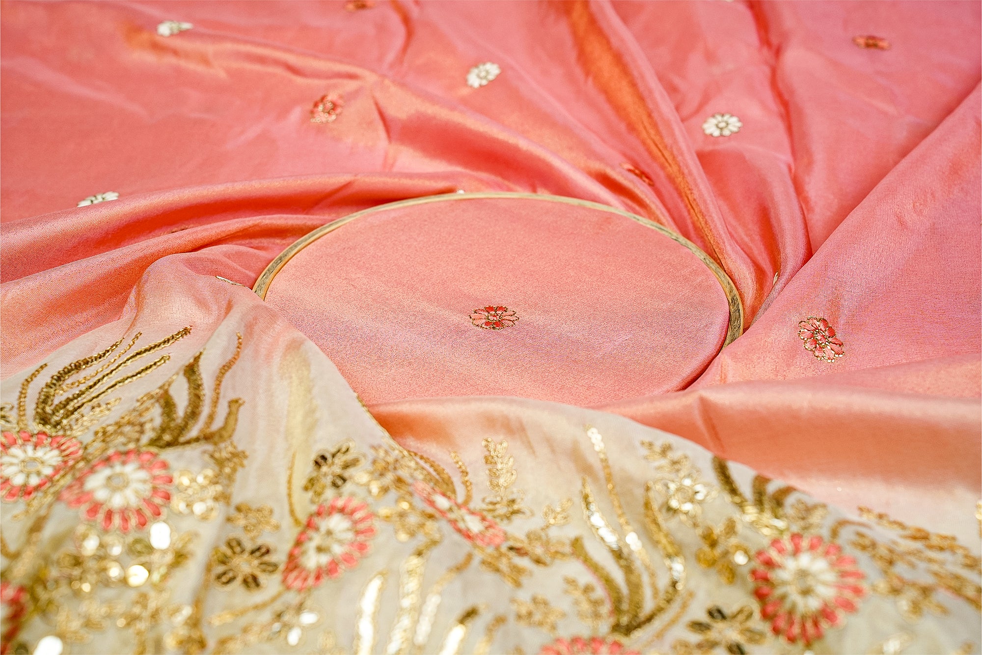 Peach Pink Ombre Glow Tissue with Zari, Sequins, and Threadwork Elegance