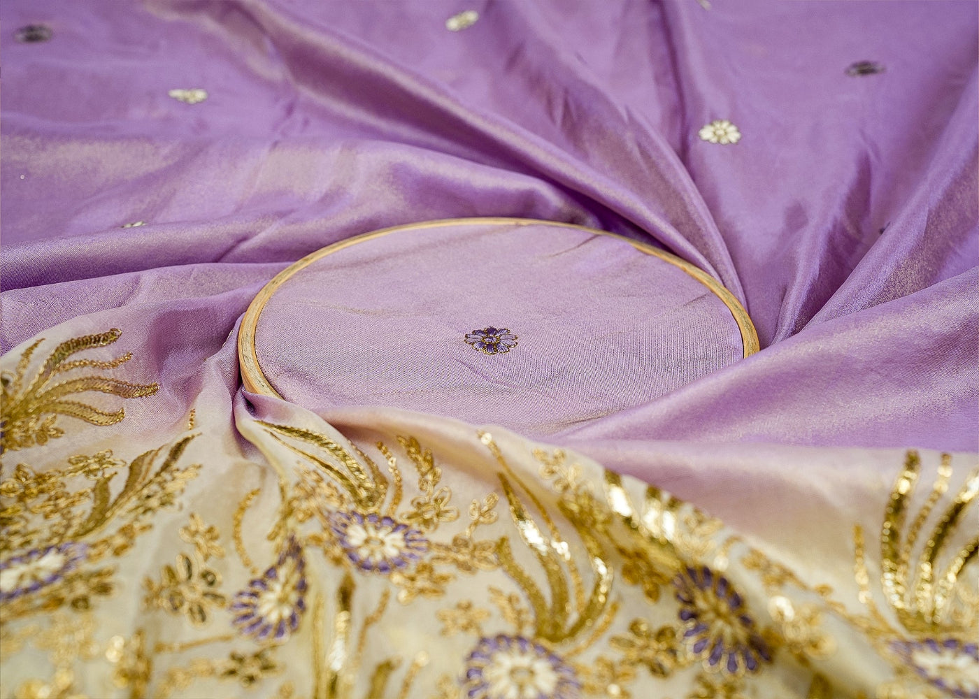 Lavender Ombre Glow Tissue with Zari, Sequins, and Threadwork Elegance