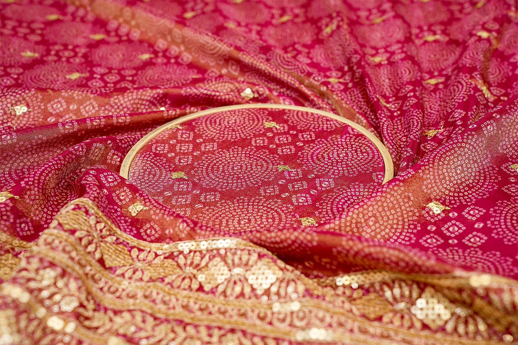 Pink Tissue Bandhani Glow with Golden Sequins and Zari Work