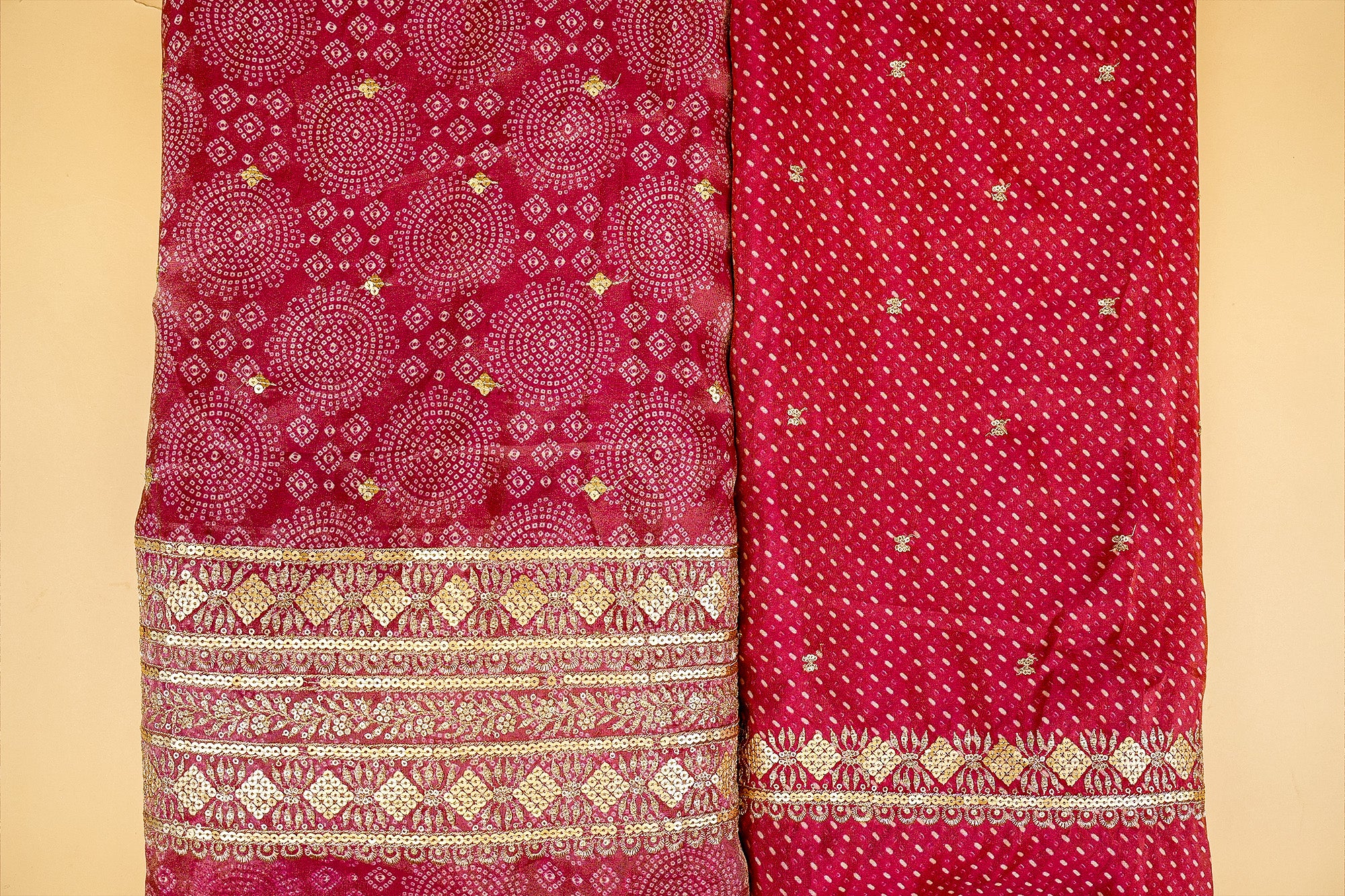 Pink Tissue Bandhani Glow with Golden Sequins and Zari Work