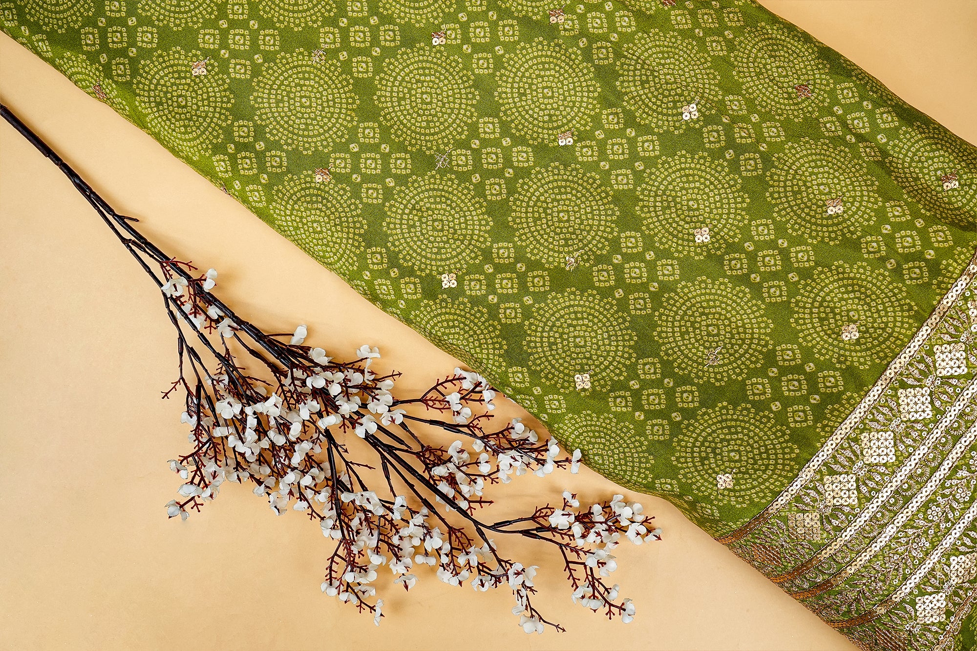 Parrot Green Tissue Bandhani Glow with Golden Sequins and Zari Work