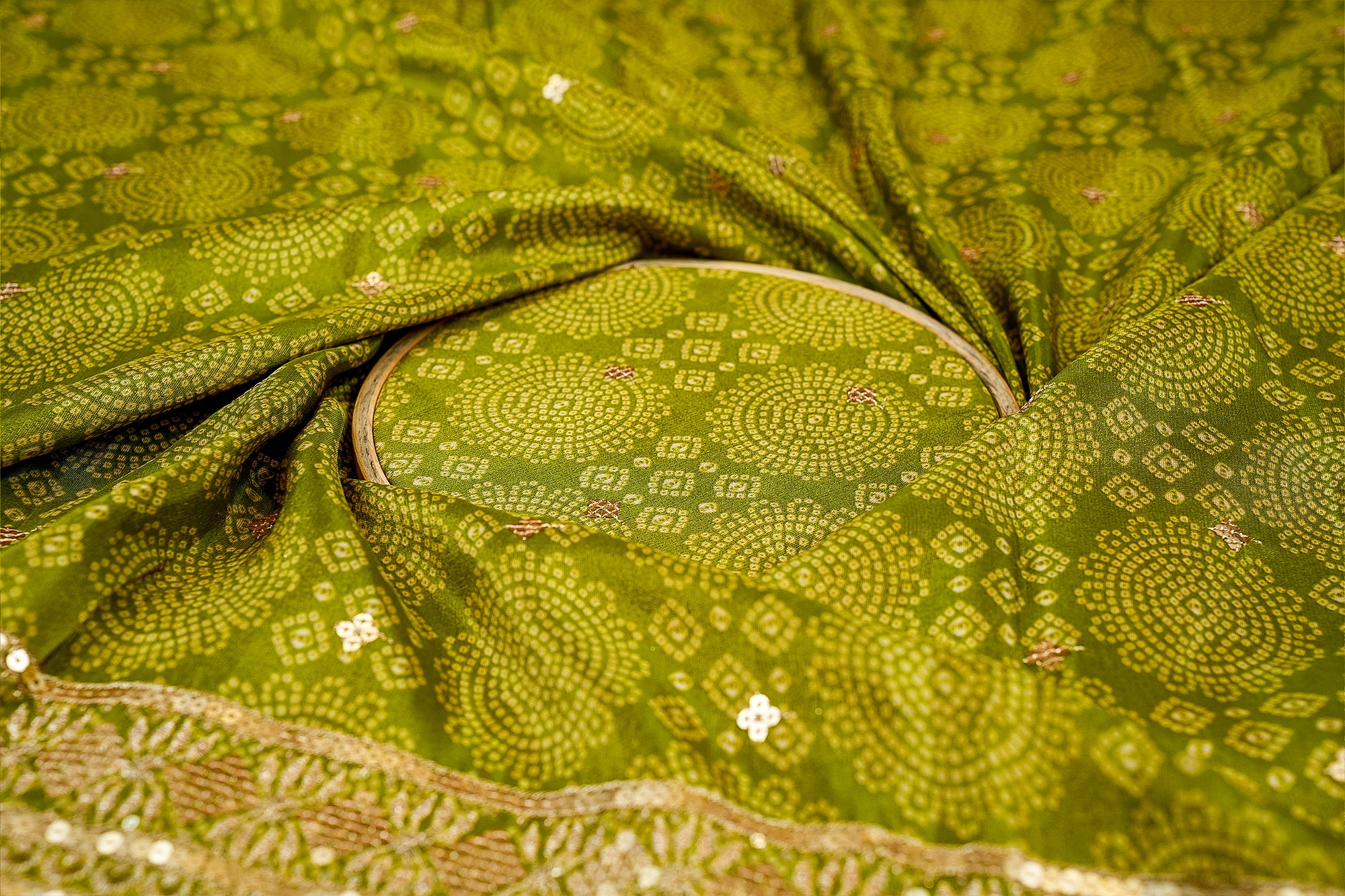 Parrot Green Tissue Bandhani Glow with Golden Sequins and Zari Work