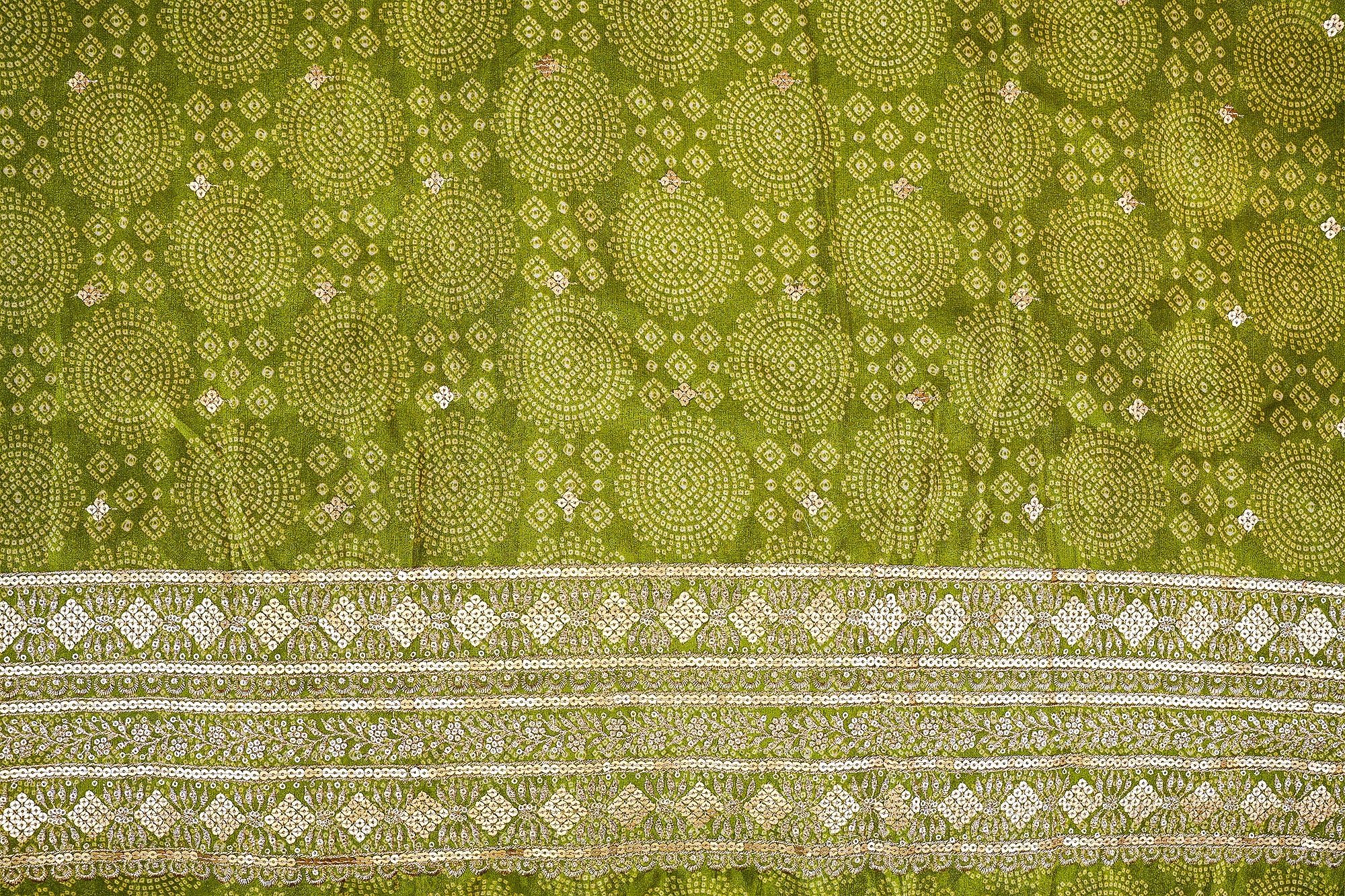 Parrot Green Tissue Bandhani Glow with Golden Sequins and Zari Work