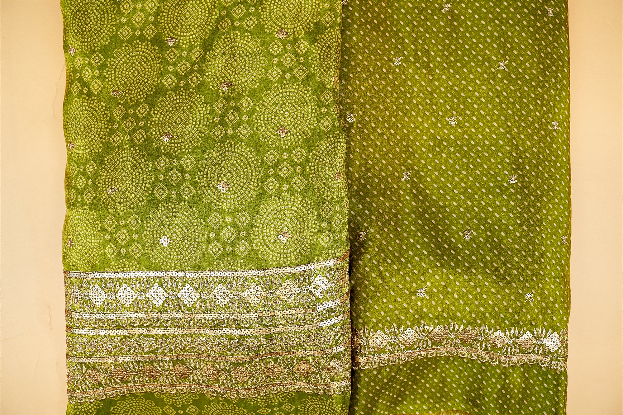 Parrot Green Tissue Bandhani Glow with Golden Sequins and Zari Work