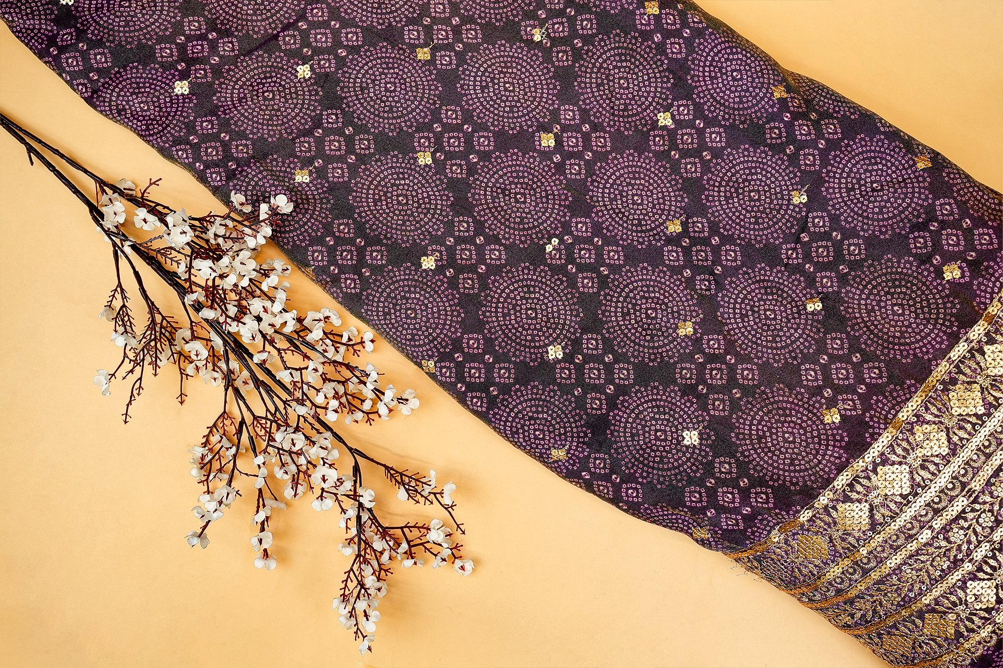 Dark Purple Tissue Bandhani Glow with Golden Sequins and Zari Work - Paras Gallery Fabrics