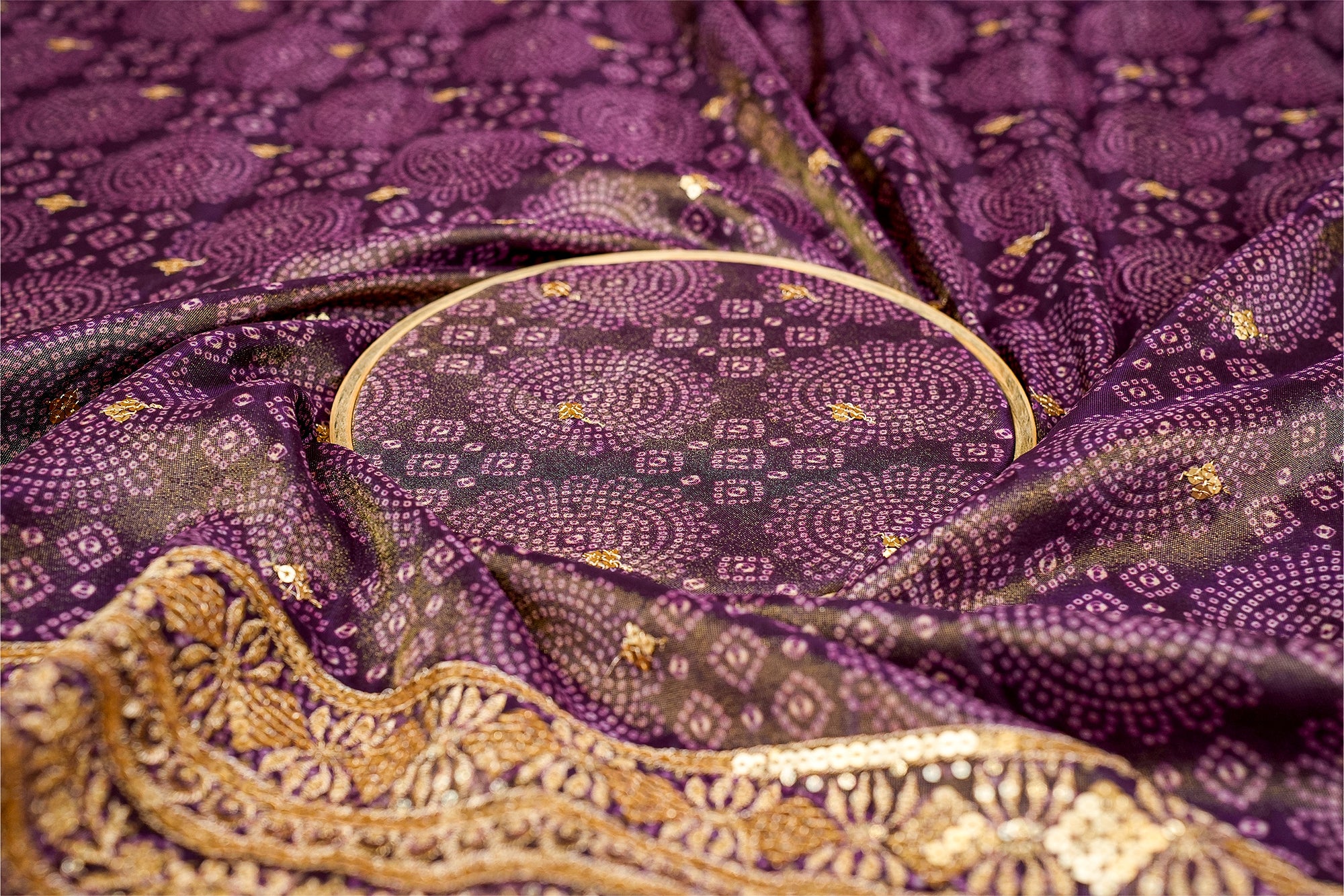 Dark Purple Tissue Bandhani Glow with Golden Sequins and Zari Work