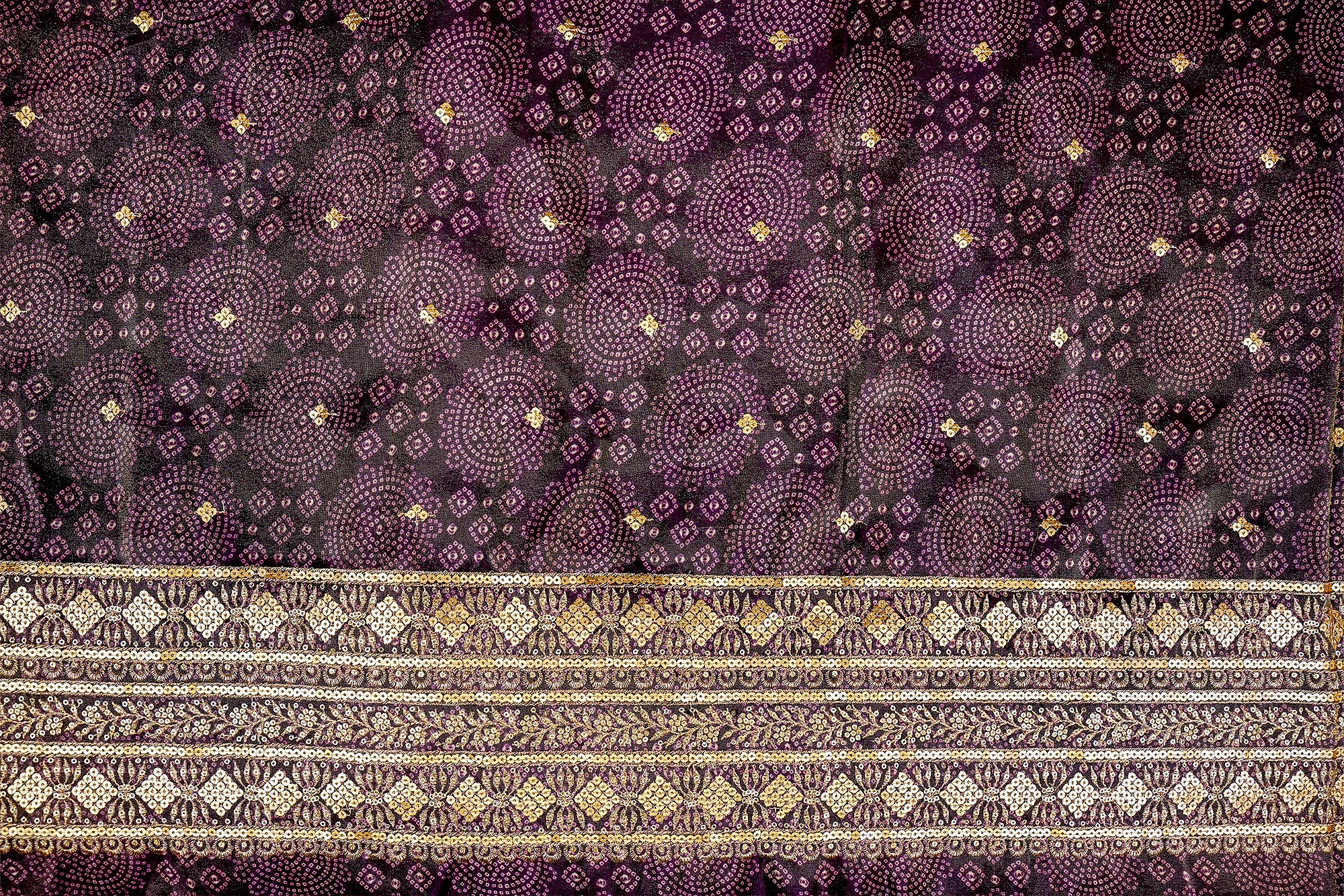 Dark Purple Tissue Bandhani Glow with Golden Sequins and Zari Work