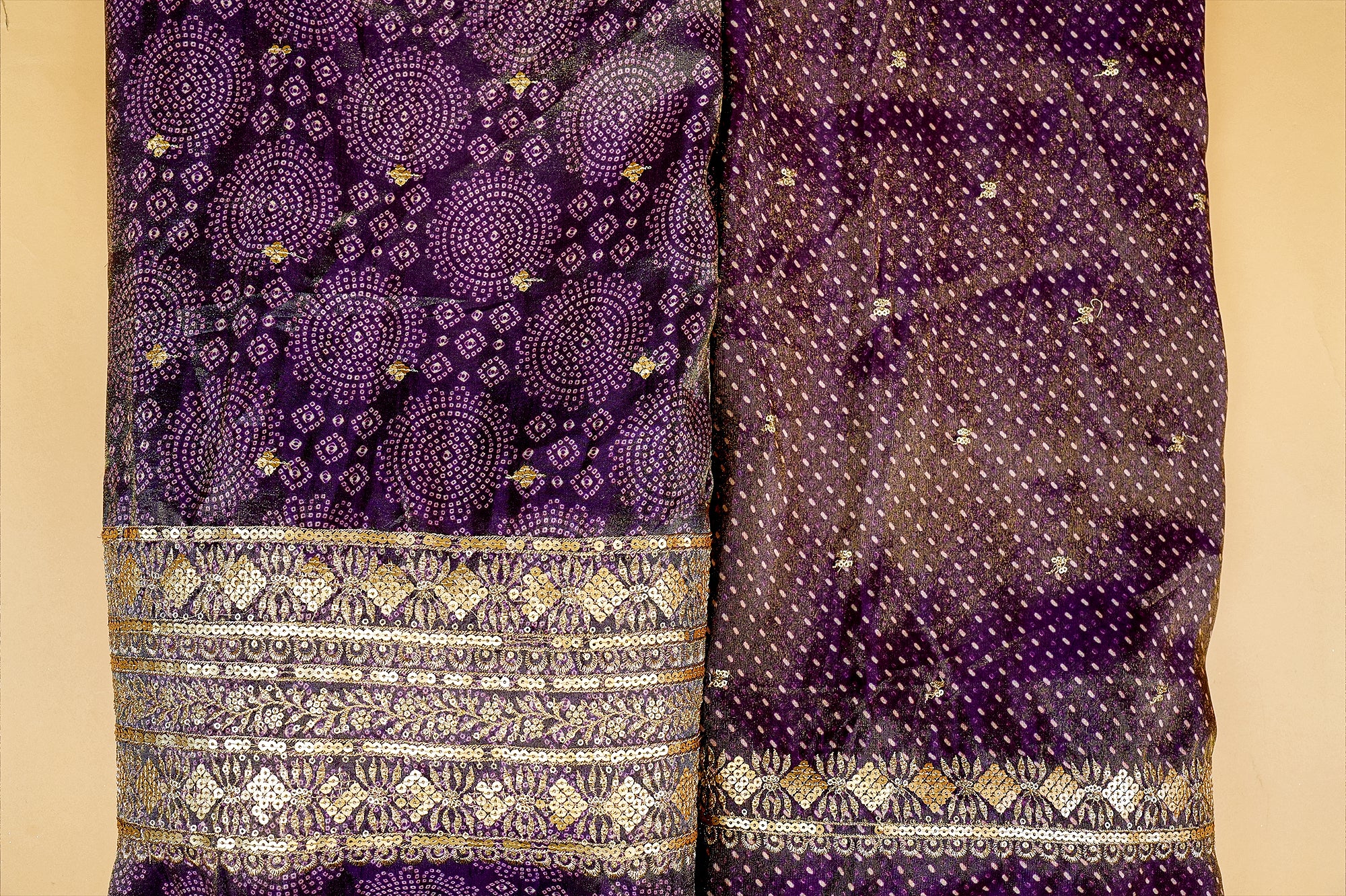 Dark Purple Tissue Bandhani Glow with Golden Sequins and Zari Work