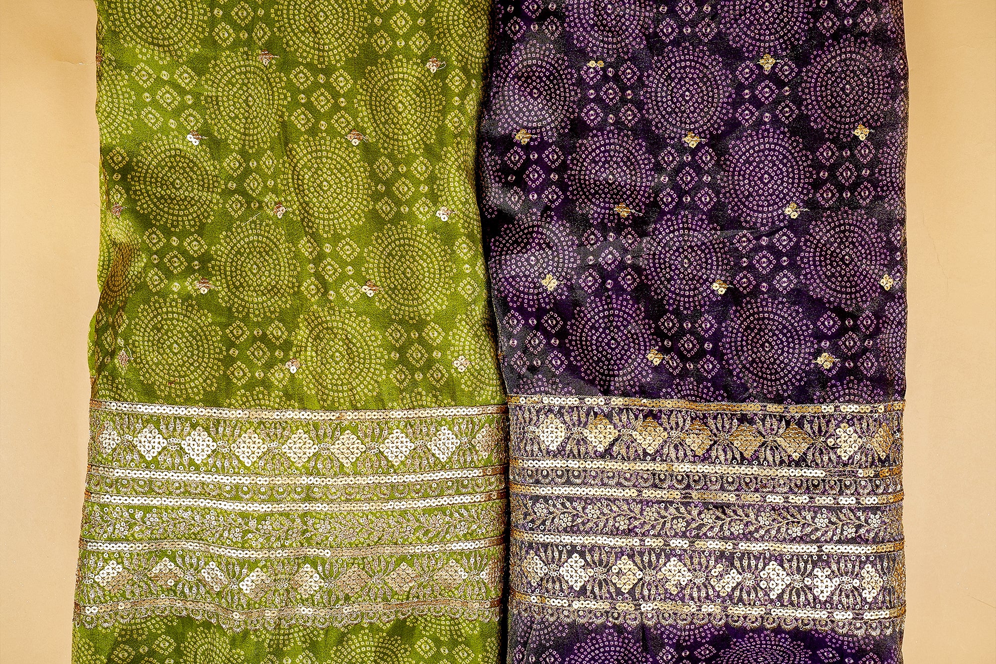 Dark Purple Tissue Bandhani Glow with Golden Sequins and Zari Work