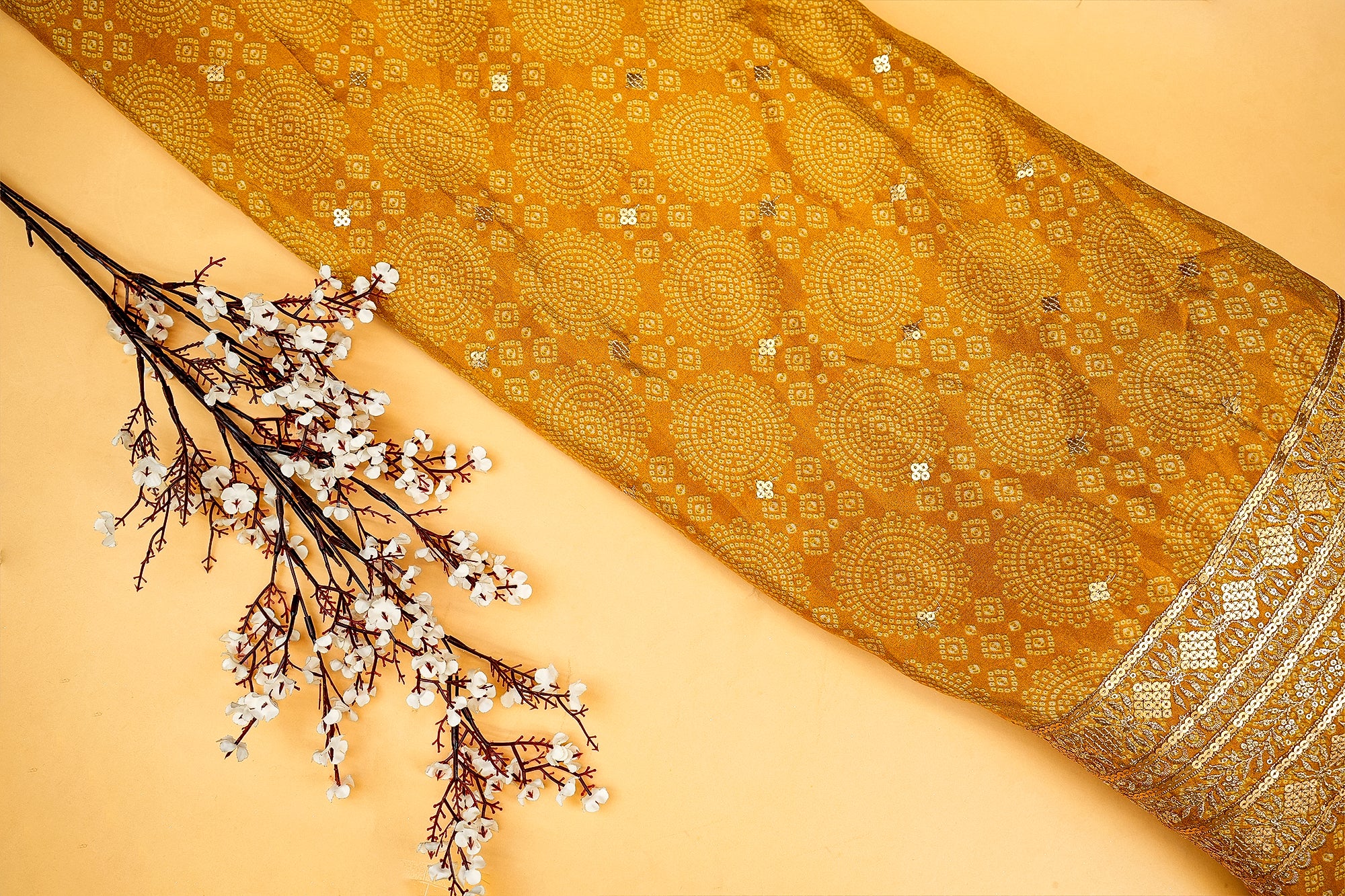 Mustard Yellow Tissue Bandhani Glow with Golden Sequins and Zari Work - Paras Gallery Fabrics