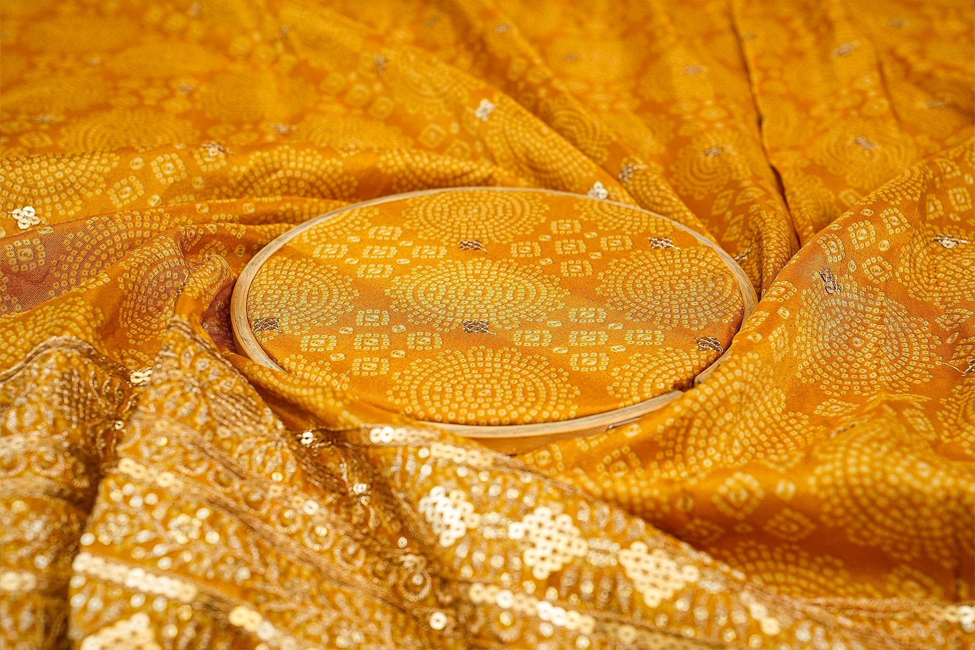 Mustard Yellow Tissue Bandhani Glow with Golden Sequins and Zari Work