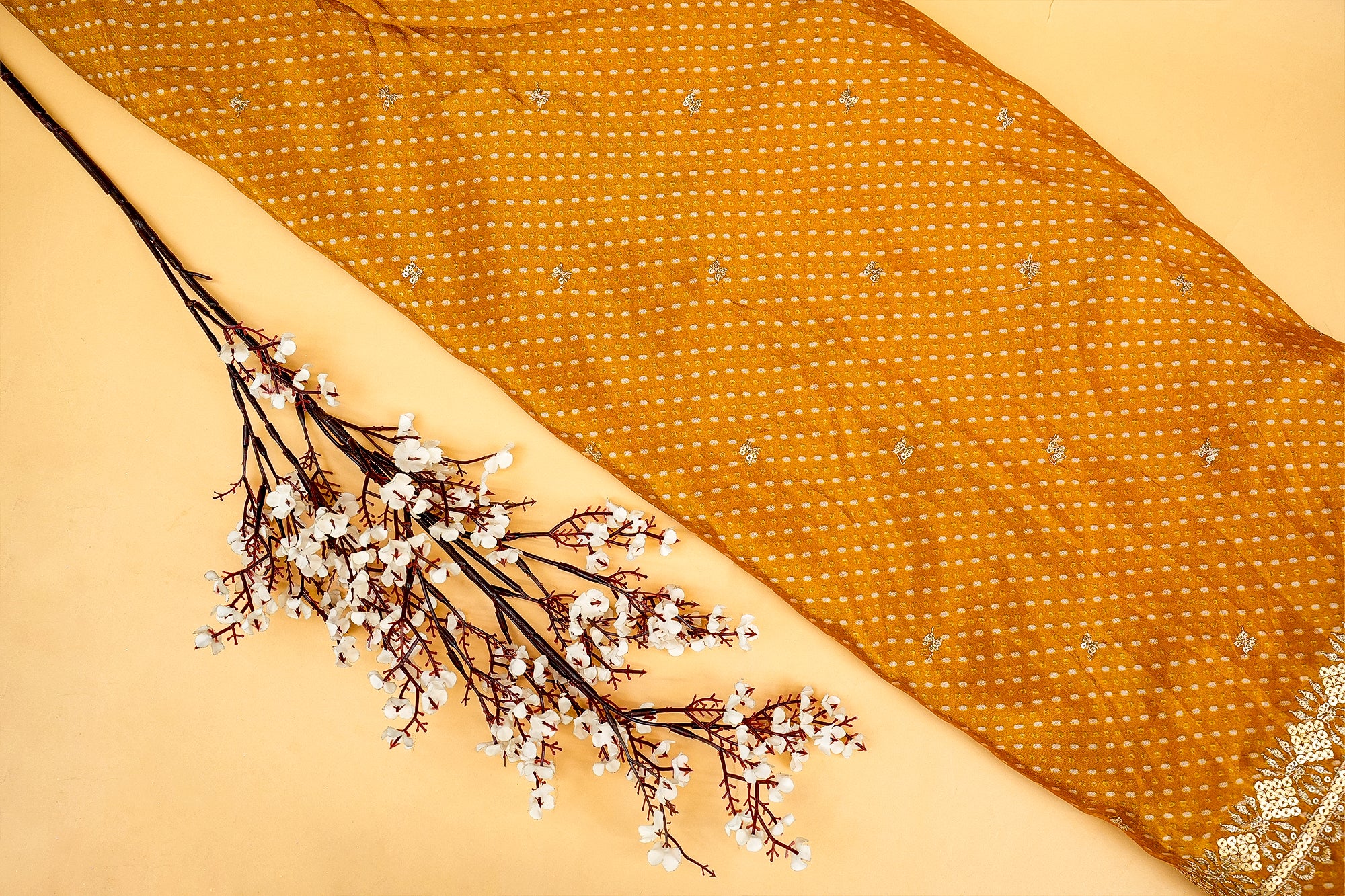 Mustard yellow Dupatta Fabric Bandhani Glow with Golden Sequins and Zari Work - Paras Gallery Fabrics